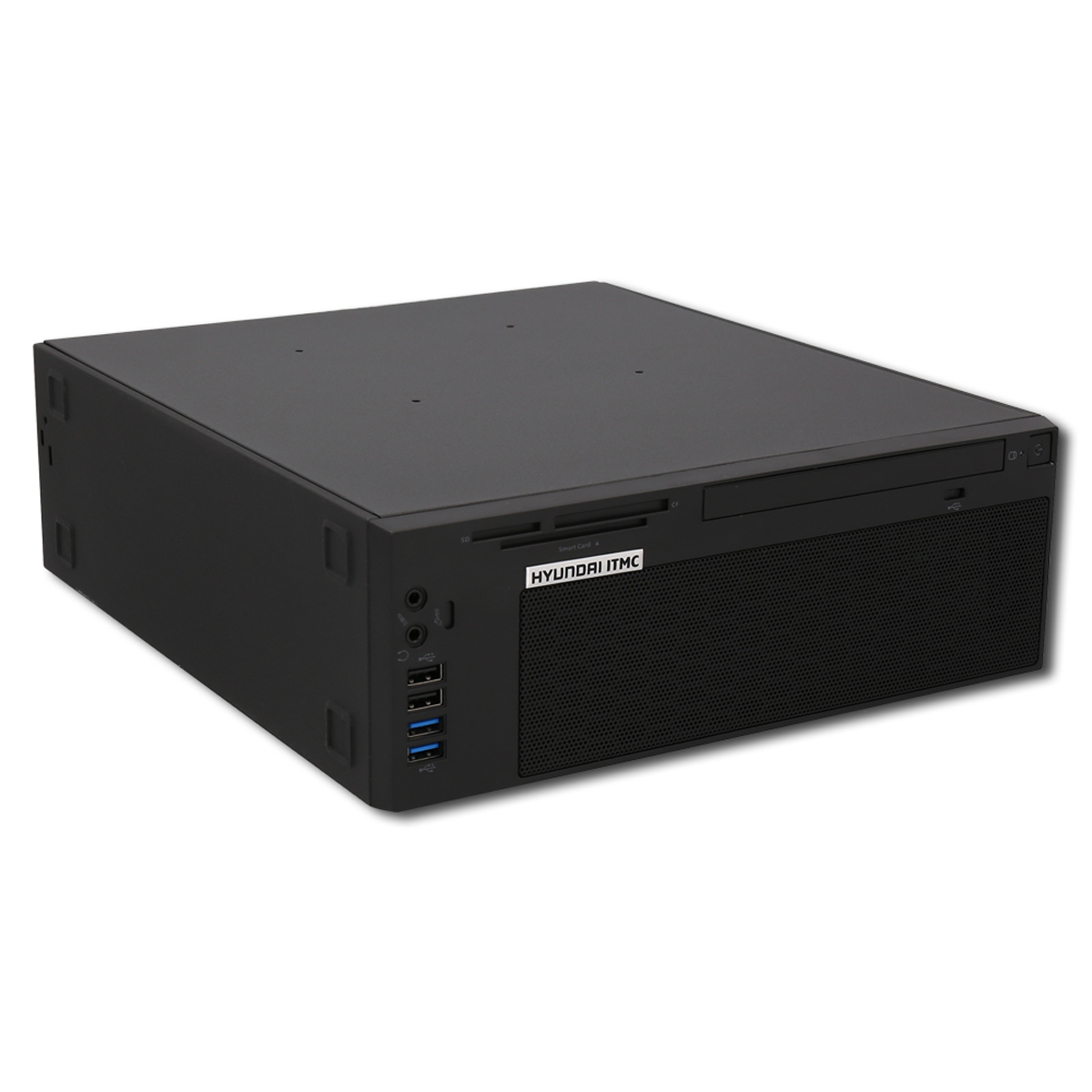 Ein schwarzes Hyundai ITMC Computergehäuse. Es hat ein CD-Laufwerk, USB-Anschlüsse und einen Smartcard-Leser. Das Gehäuse steht auf weißem Hintergrund.