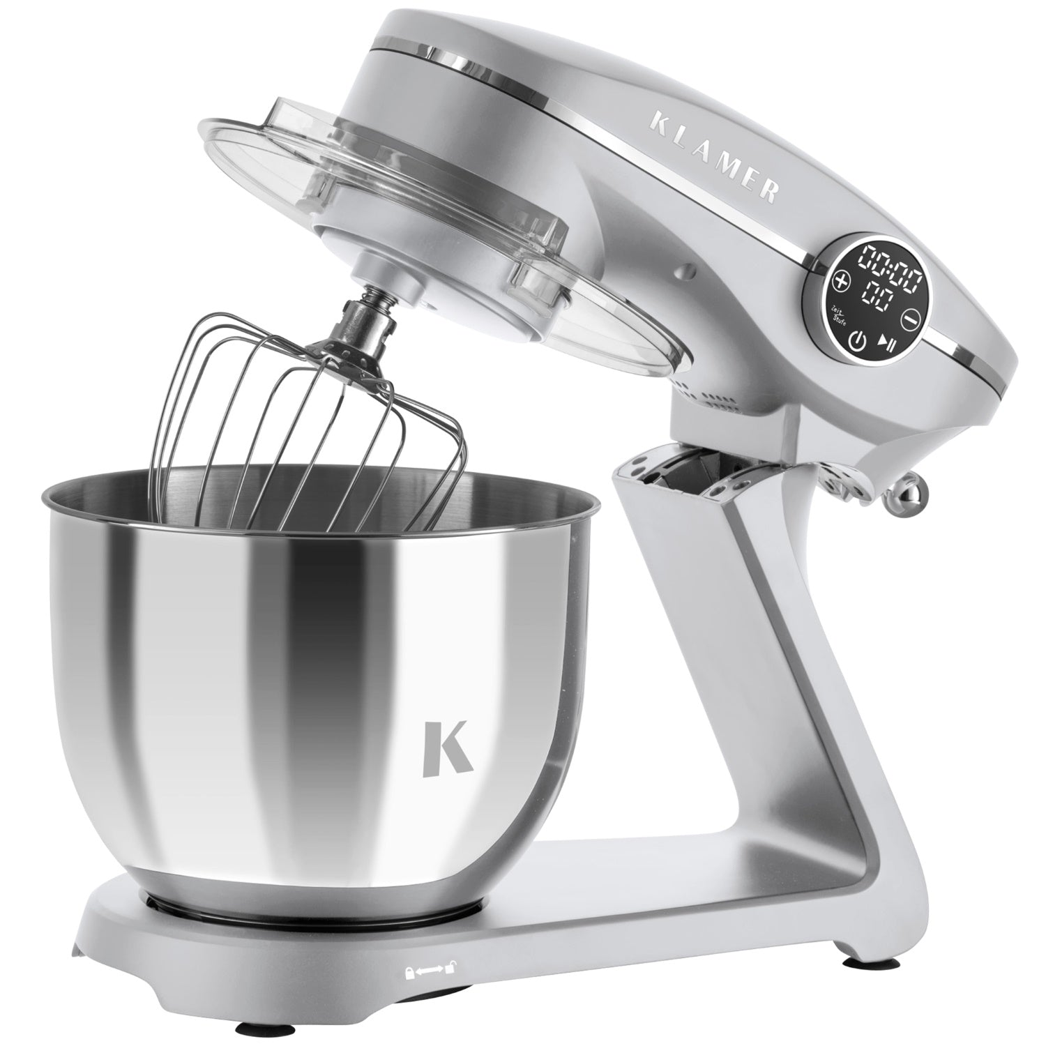 Ein silberner Küchenmixer mit Schüssel und Schneebesenaufsatz. Der Mixer hat eine Digitalanzeige und die Marke ist 'Kiamer'.
