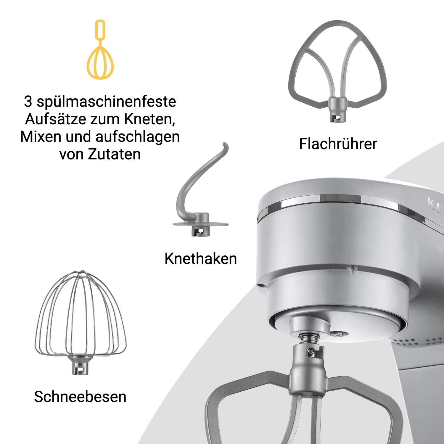 Das Bild zeigt 3 spülmaschinenfeste Mixeraufsätze: Flachrührer, Knethaken und Schneebesen. Ein Mixerfuß ist ebenfalls teilweise sichtbar.