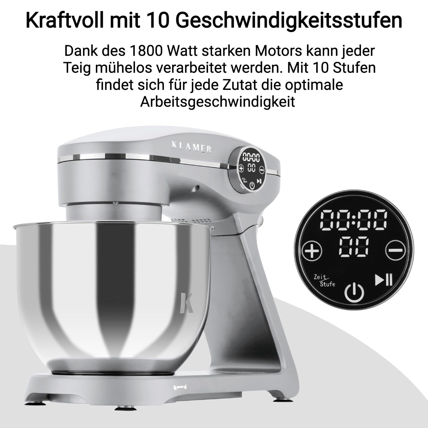 Ein silberner Küchenmixer mit Schüssel und digitaler Anzeige. Deutscher Text beschreibt 10 Geschwindigkeiten und einen starken Motor.