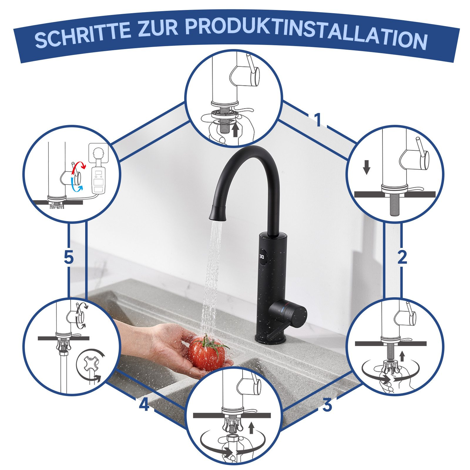 Diagramm mit Schritten zur Wasserhahninstallation, Wasser fließt in das Waschbecken, Hand mit Tomate.