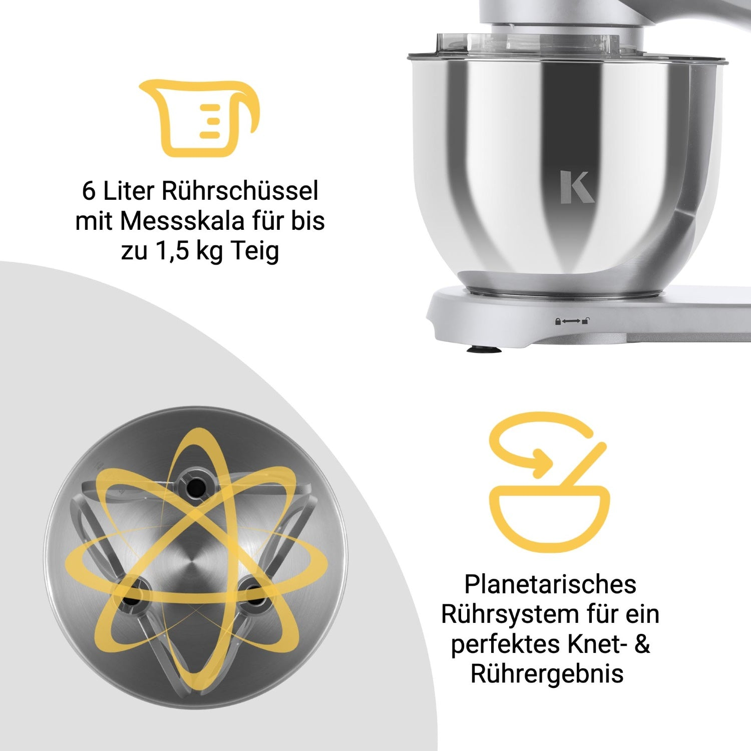Silber-Küchenmaschine mit Schüssel. Text beschreibt Kapazität. Gelbe Grafiken zeigen Schüssel und Mischmechanismus.