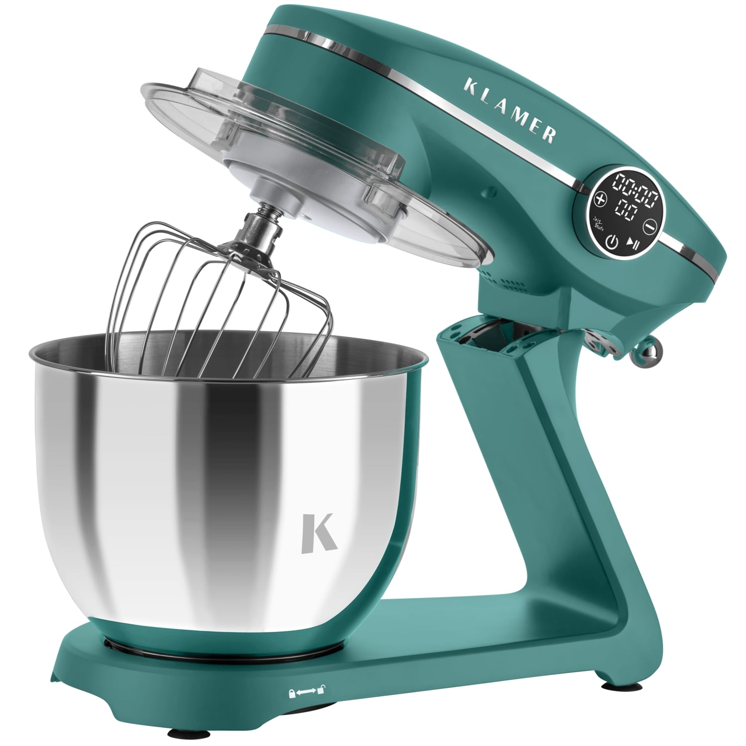 Ein türkisfarbener Küchenmixer mit einer Edelstahlschüssel und Schneebesenaufsatz. Die Marke ist Klamer. Die Digitalanzeige zeigt 00:00.