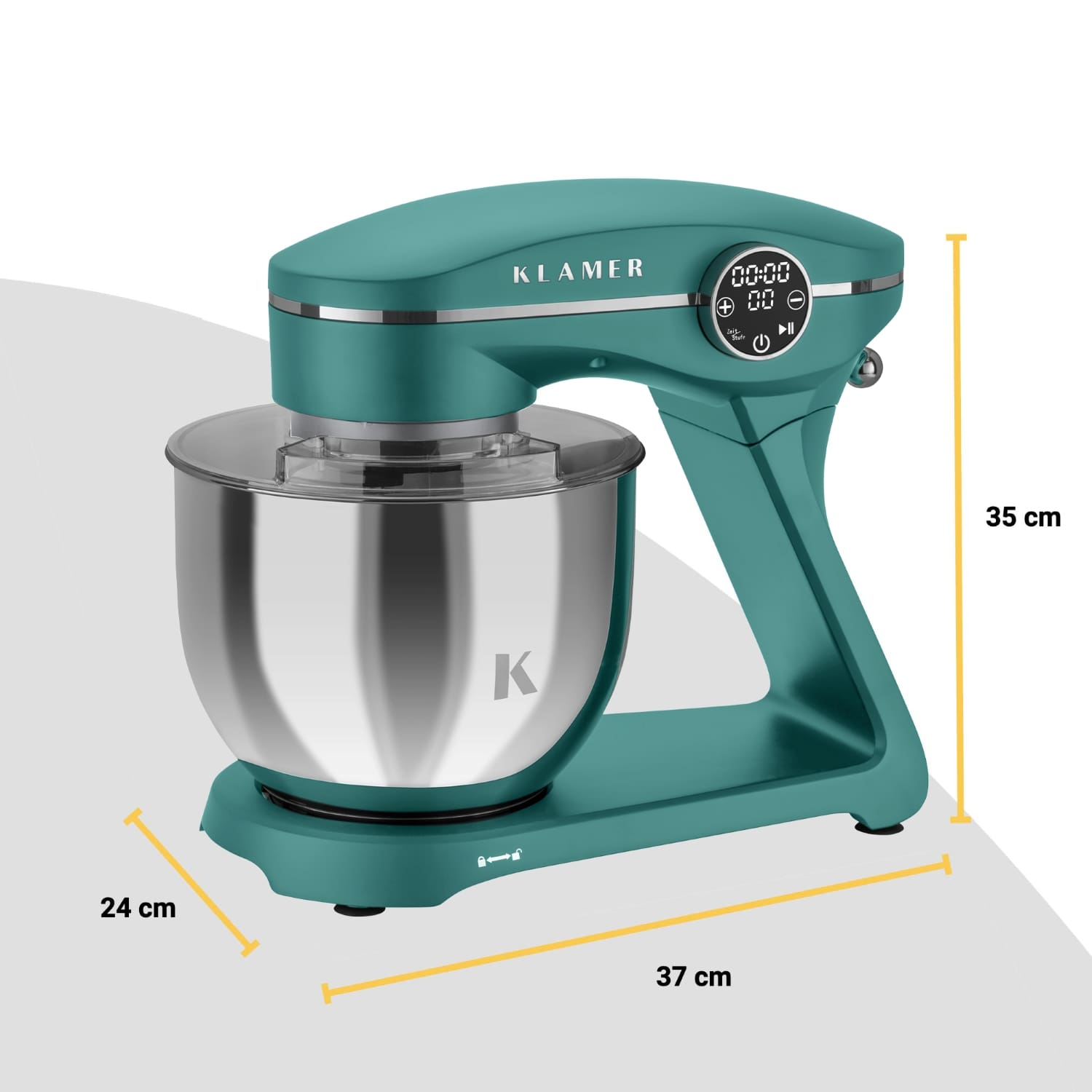 Ein türkisfarbener Küchenmixer mit einer Edelstahlschüssel. Abmessungen: 35 cm hoch, 37 cm lang und 24 cm breit.