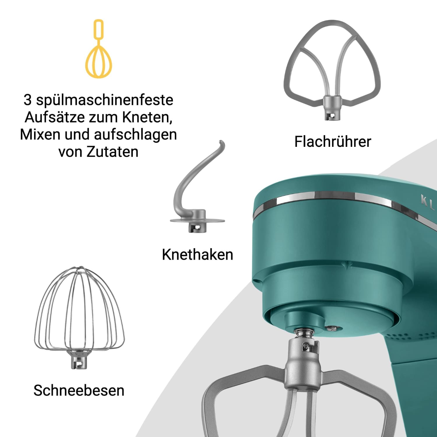 Das Bild zeigt einen tealfarbenen Küchenmixer mit drei Aufsätzen: Flachrührer, Knethaken und Schneebesen. Text beschreibt ihre Verwendung.