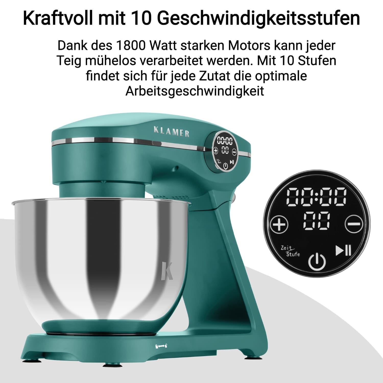 Ein türkisfarbener Küchenmixer mit einer Edelstahlschüssel und digitaler Steuerung. Der Mixer hat den Markennamen Klamer.