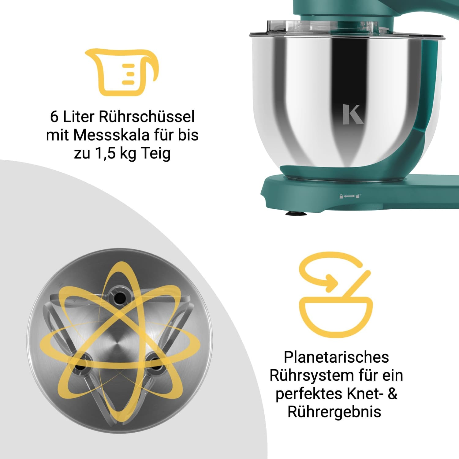 Ein türkisfarbener Küchenmixer mit einer silbernen Schüssel. Text zeigt 6L Schüssel, Planetenrührwerk für perfektes Kneten.
