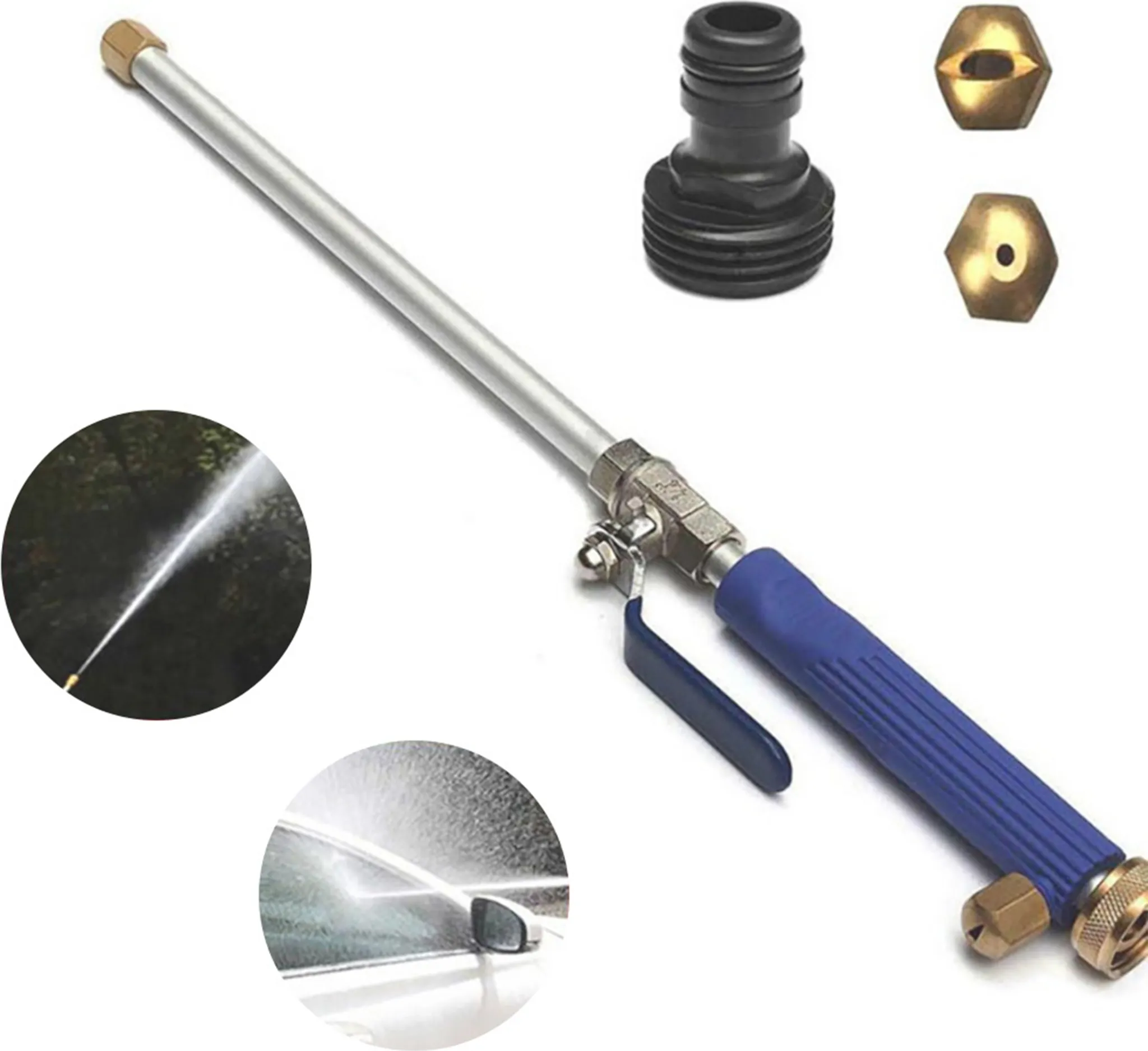 Eine Metall-Wasserspritzpistole mit blauem Griff und Messingarmaturen. Sprays sind in Kreisen dargestellt. Zusätzliche Teile sind abgebildet.