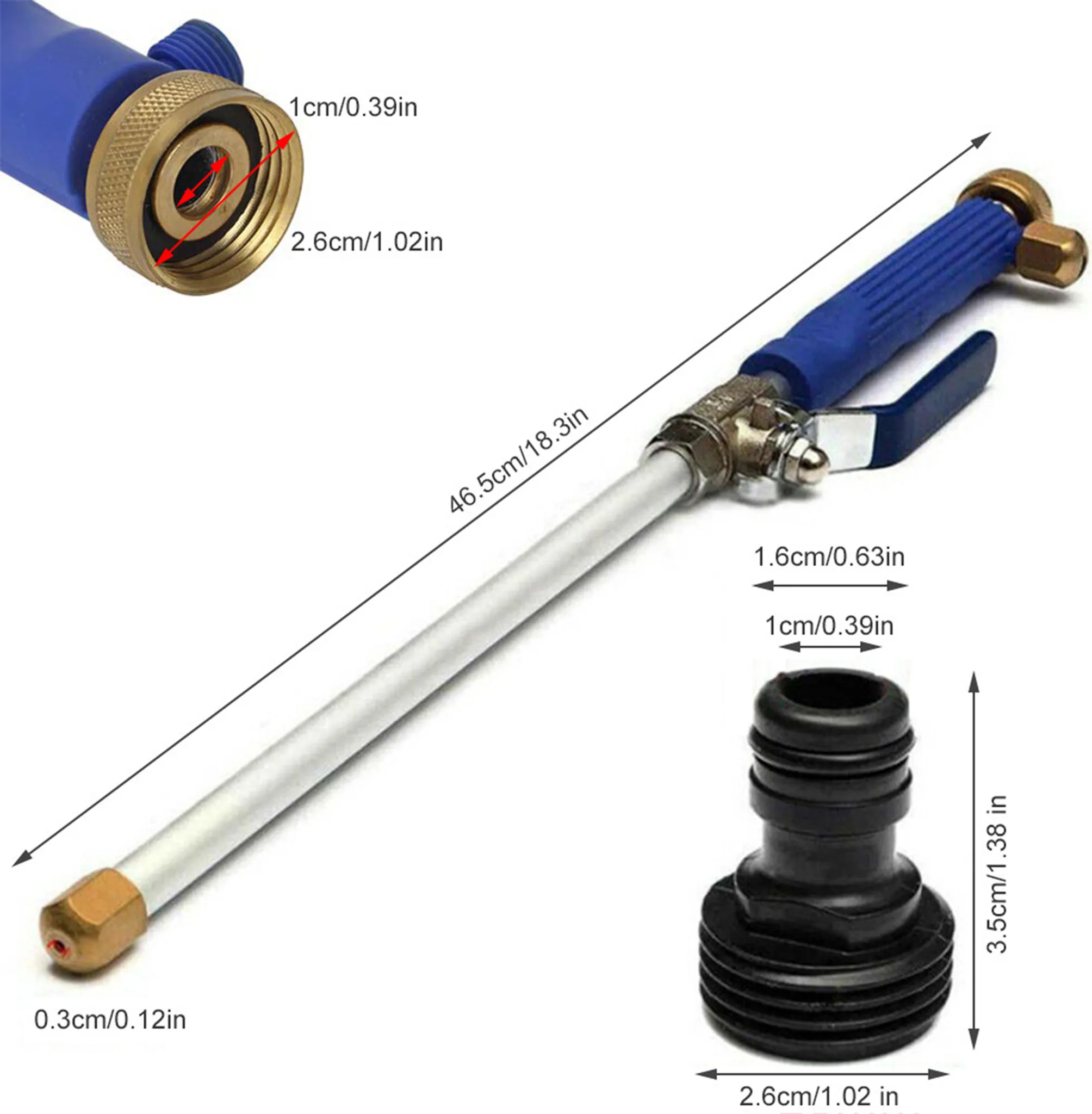 Eine blau-goldene Wasserpistole mit silbernem Rohr und schwarzem Stecker. Maße sind angegeben.