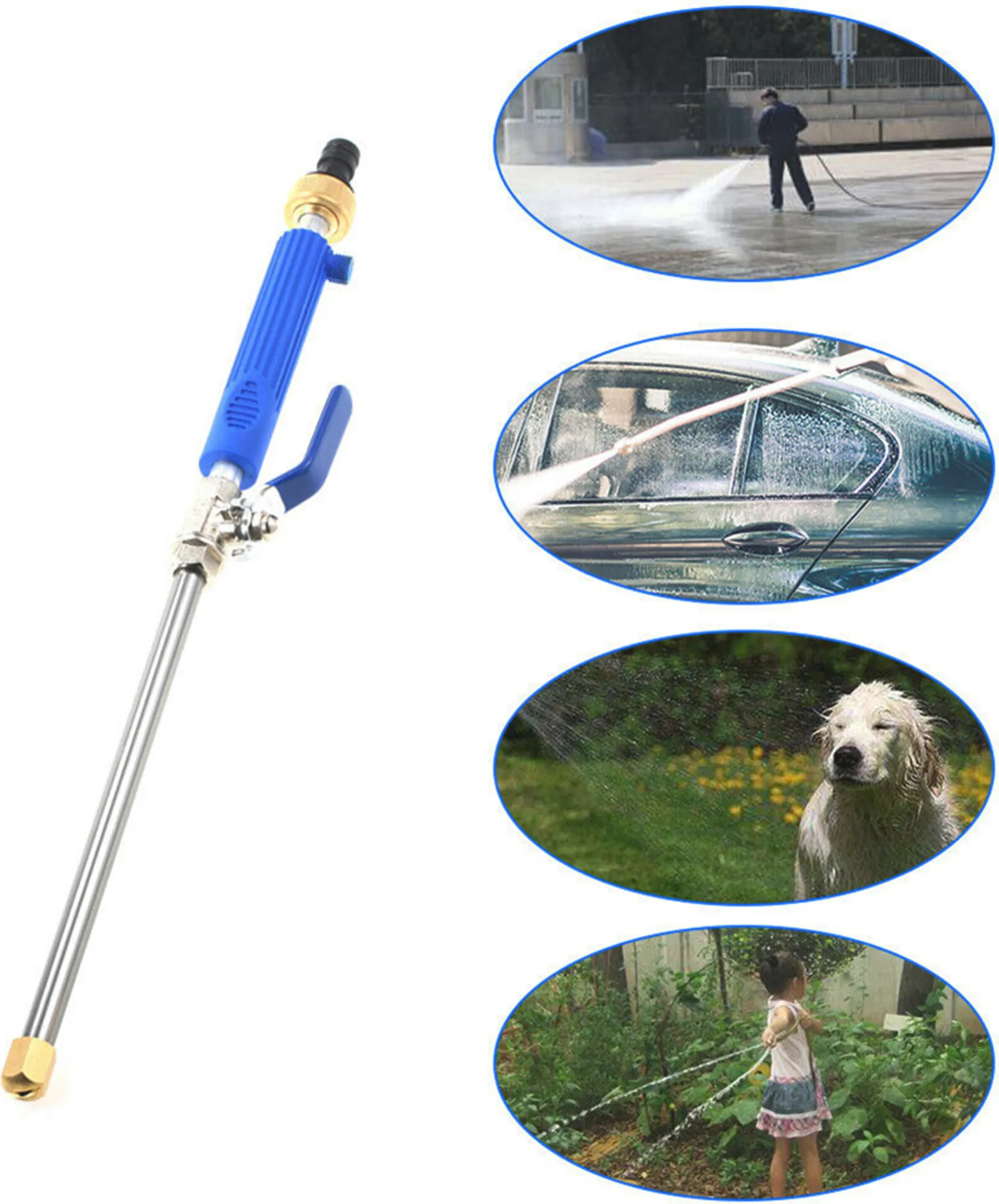 Eine Hochdruckreinigerpistole mit blauem Griff. Inset-Bilder zeigen Autowäsche, eine Person, die eine Oberfläche wäscht, einen Hund und ein Kind mit einem Schlauch.