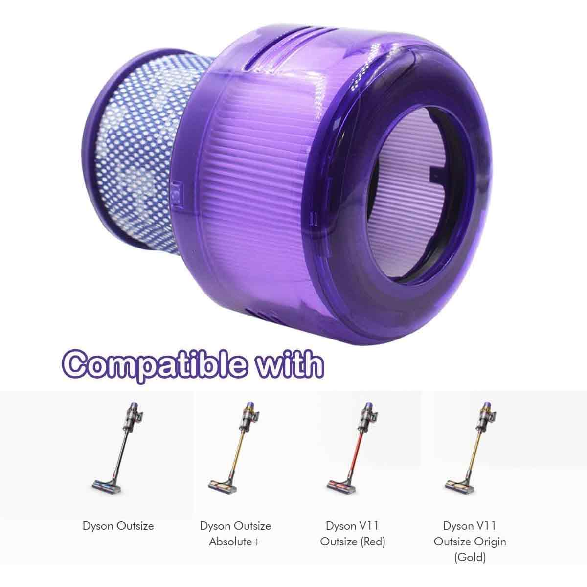 Ein violetter Staubsaugerfilter wird gezeigt. Darunter befinden sich Dyson-Staubsaugermodelle: Outsize, Outsize Absolute+, V11 Outsize (Rot) und V11 Outsize Origin (Gold).