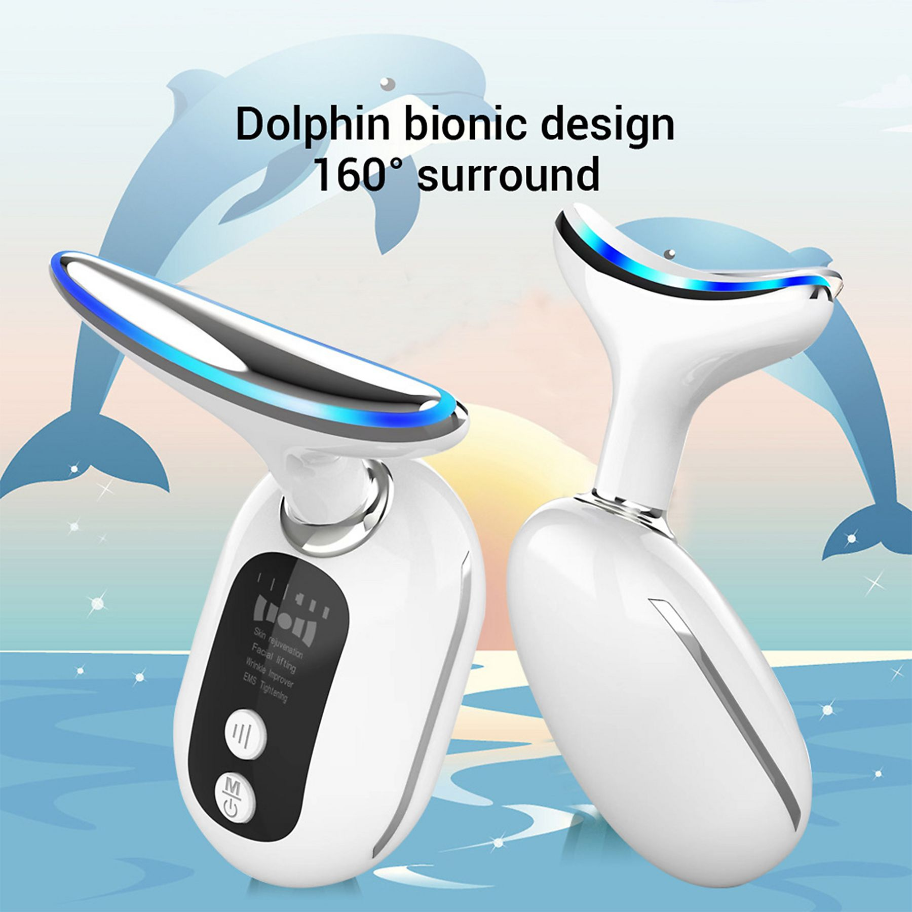 Zwei weiße Gesichtsmassagegeräte mit blauen Akzenten, Delfingrafik im Hintergrund, Text lautet 'Delfin-bionisches Design'.