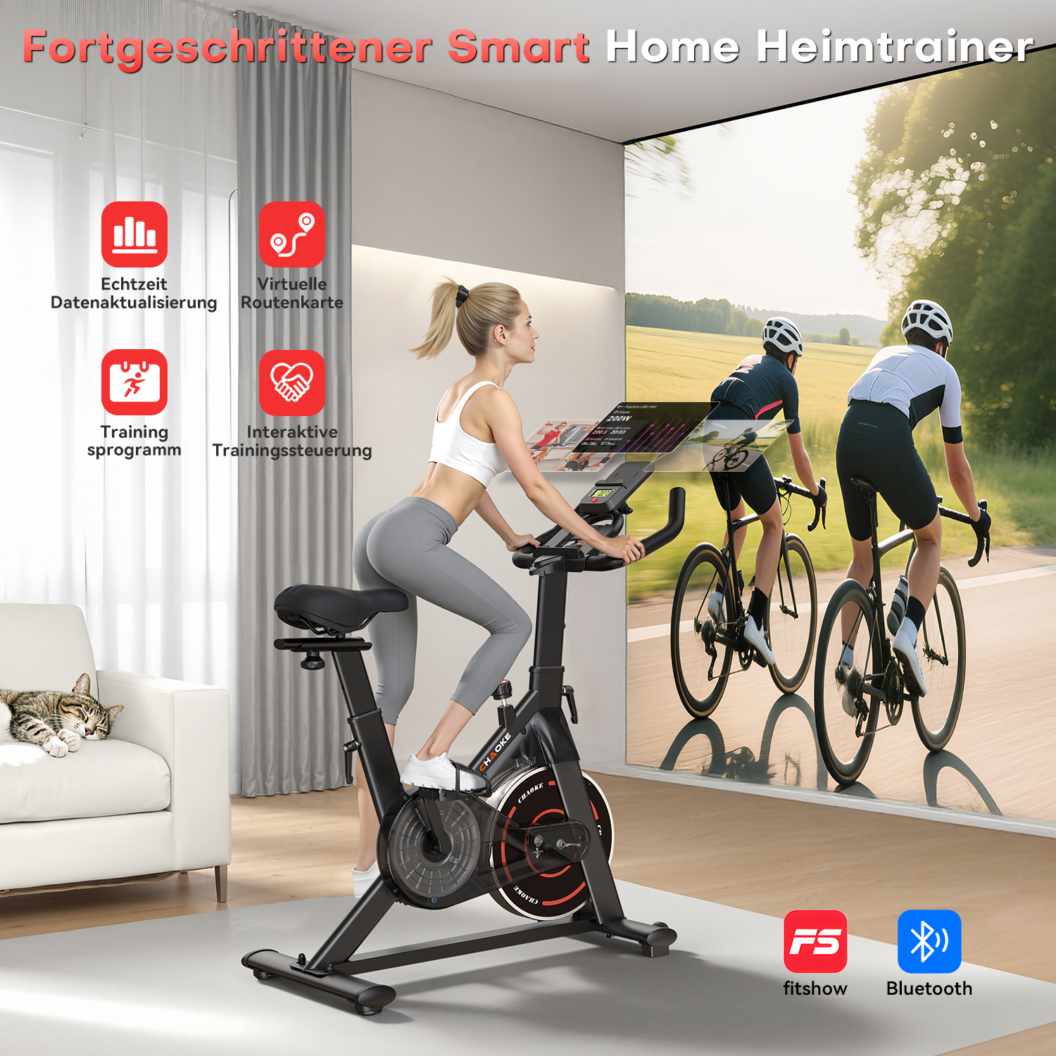 Frau auf Heimtrainer, schaut auf Bildschirm mit Radfahrern. Katze schläft daneben. Weitere Icons und Text sichtbar.