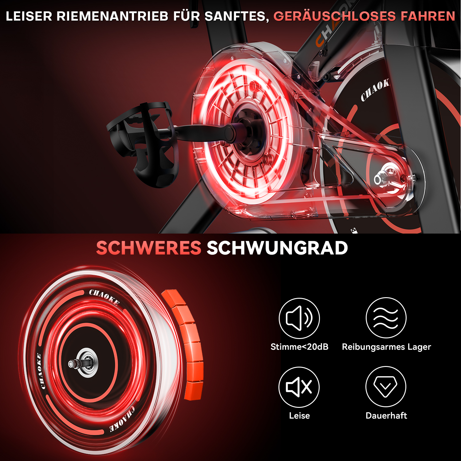 Ein Heimtrainer mit rot beleuchtetem Schwungrad und Text auf Deutsch. Merkmale sind leiser Betrieb und reibungsarme Lager.