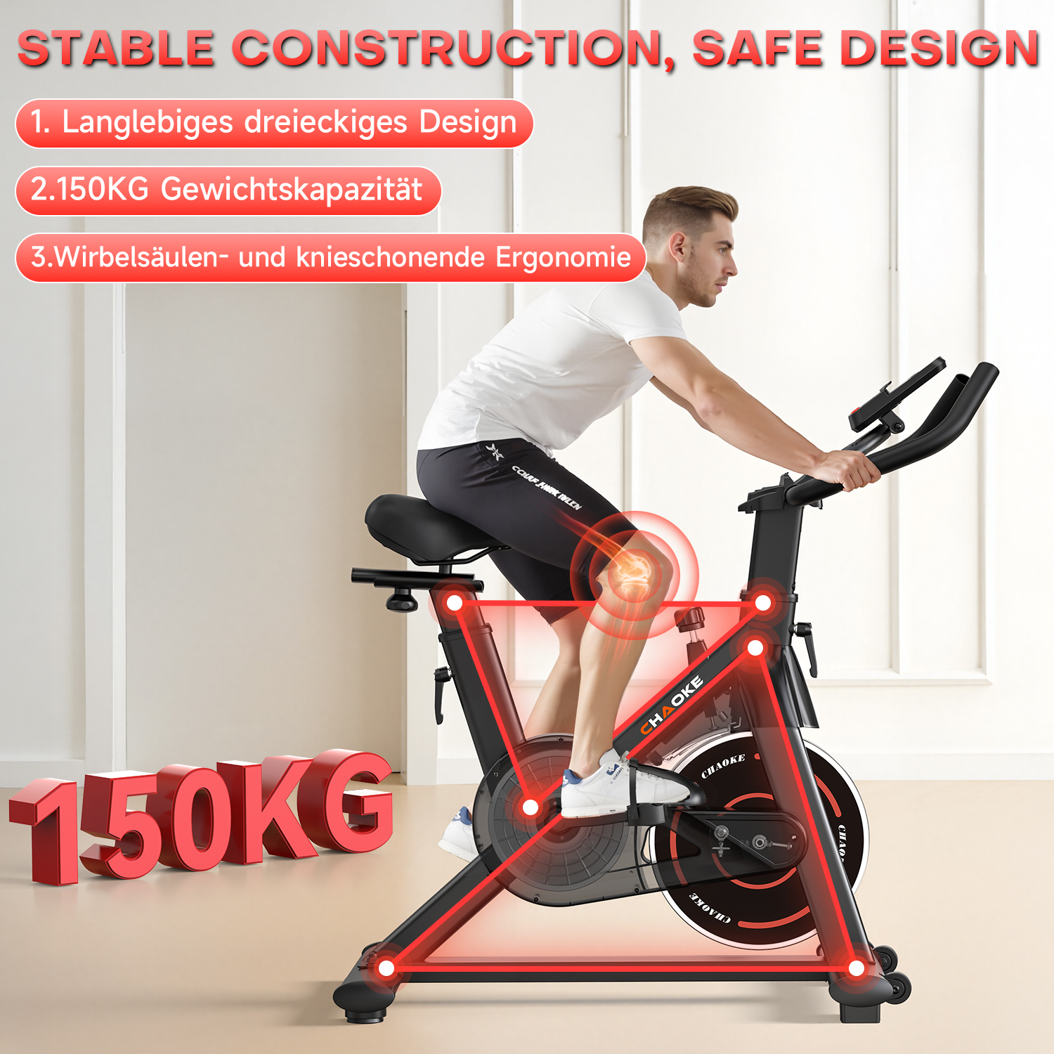 Ein Mann fährt auf einem stationären Fahrrad. Das Fahrrad ist schwarz und rot. Text sagt: "Stabile Konstruktion, sicheres Design" und "150KG".
