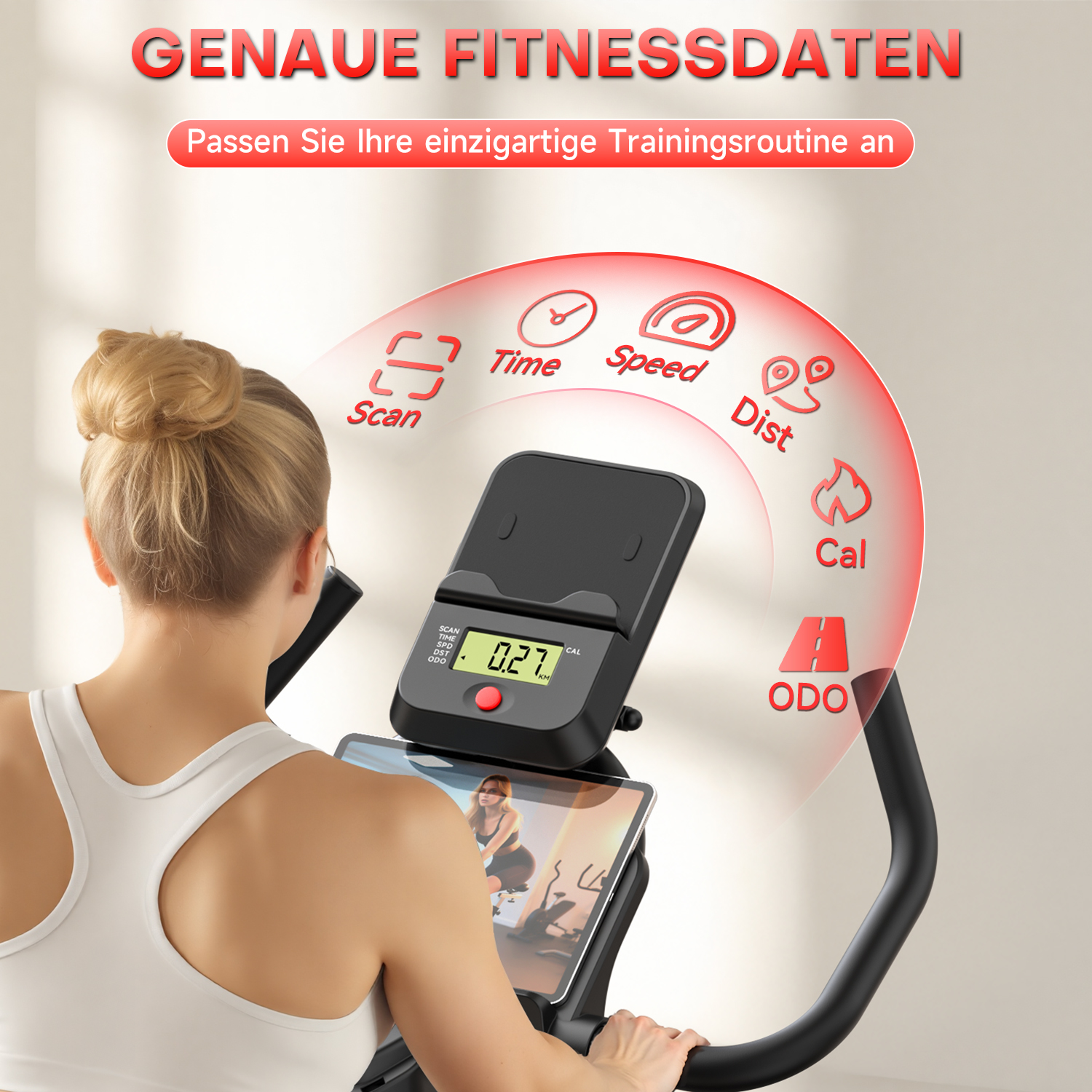 Eine Frau benutzt ein Trainingsrad. Das Display zeigt Zeit, Geschwindigkeit, Distanz und Kalorien. Der Text lautet 'Genaue Fitnessdaten'.
