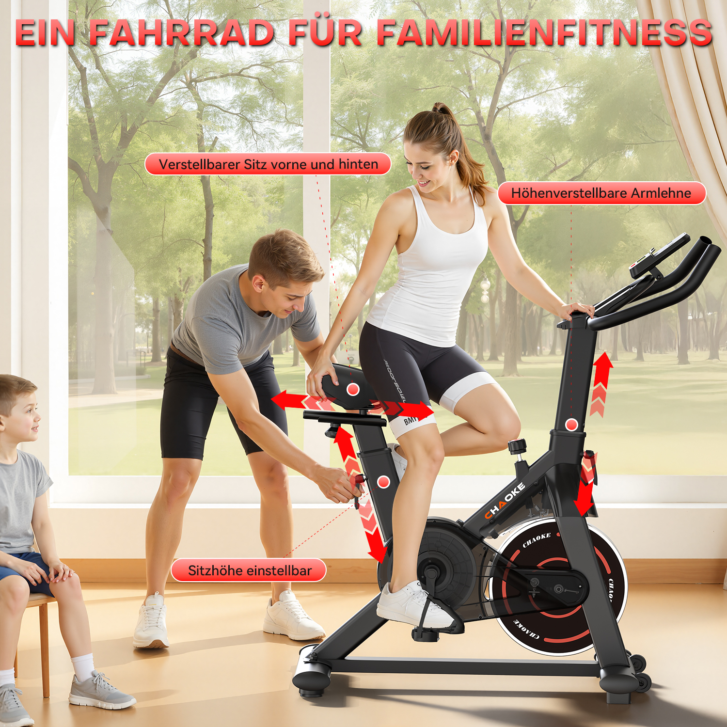 Eine Frau trainiert auf einem Heimtrainer. Ein Mann stellt den Sitz ein. Ein Kind schaut zu. Text zeigt einstellbare Funktionen.