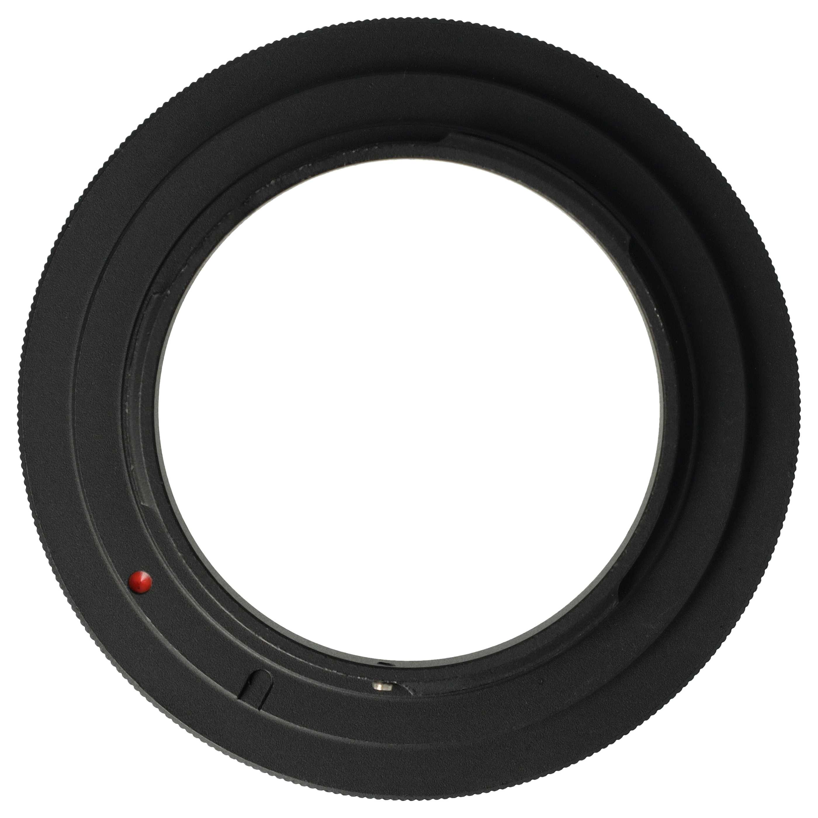 Ein schwarzer Objektivadapterring mit einem roten Punkt. Der Ring hat eine kreisförmige Form und einen weißen Hintergrund.
