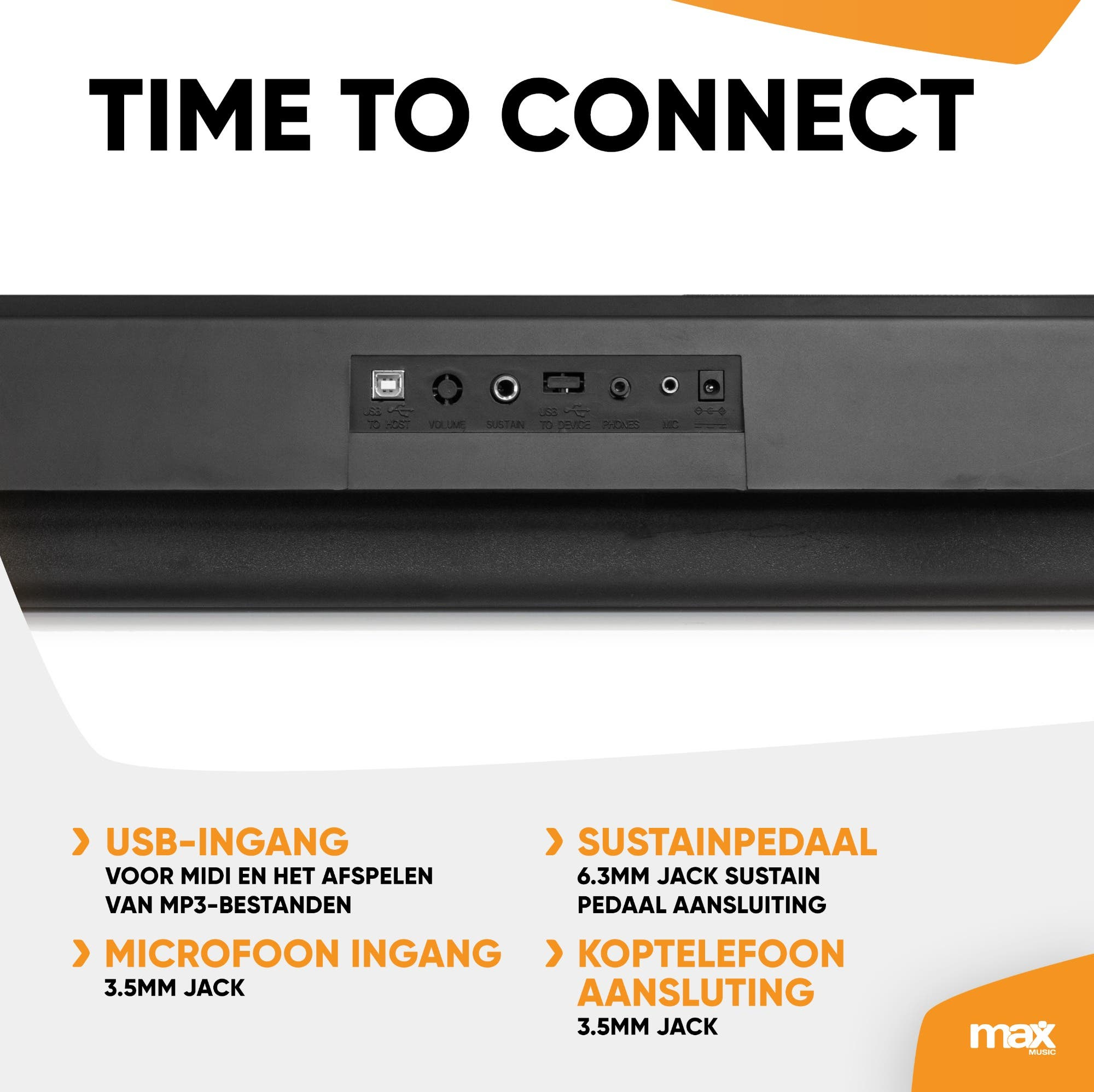 Primer plano de la parte trasera de un piano negro con diferentes puertos y el texto "TIME TO CONNECT".