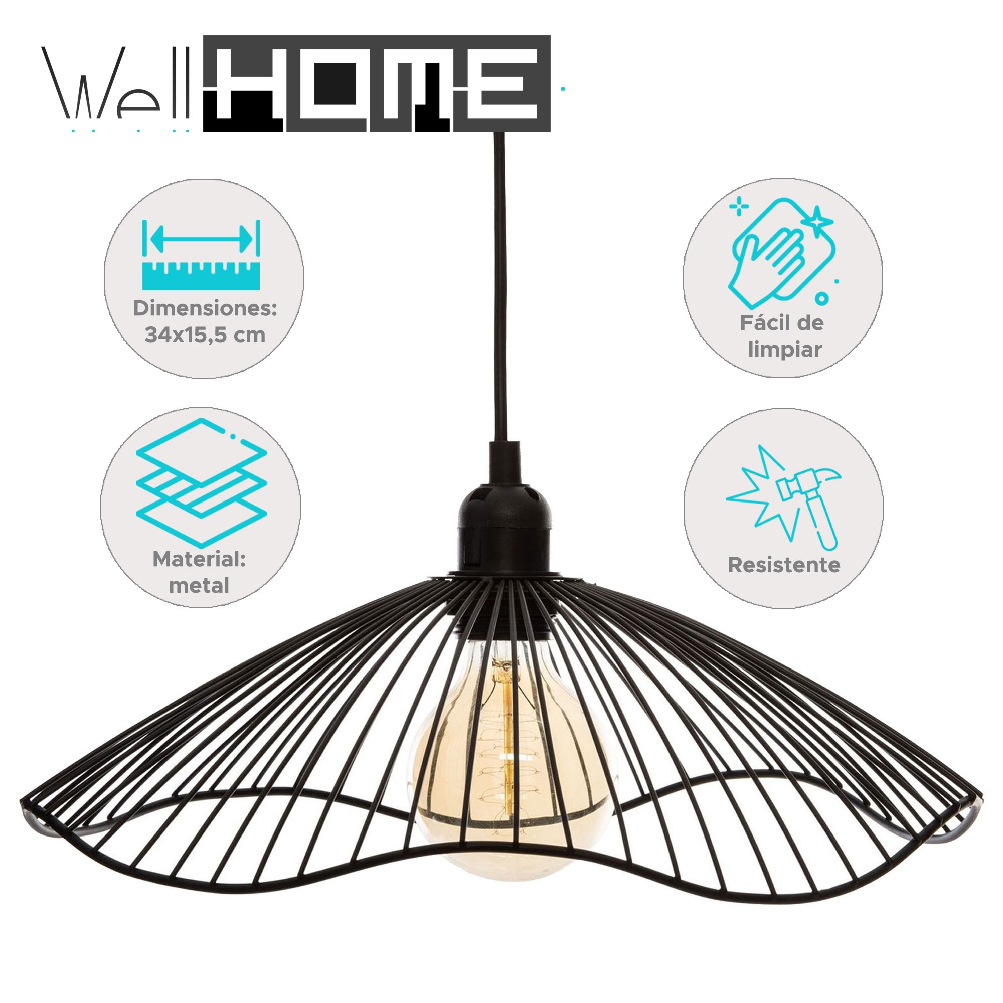 Lámpara colgante de metal negro con bombilla. Cuenta con dimensiones, fácil limpieza, material metálico y resistente.