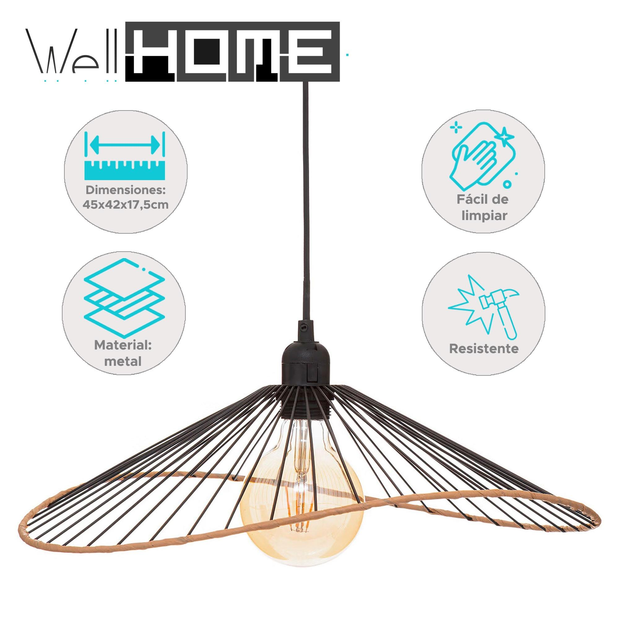 Una lámpara colgante moderna con marco de metal, una bombilla grande y un borde marrón claro. El logo Well HOME visible.