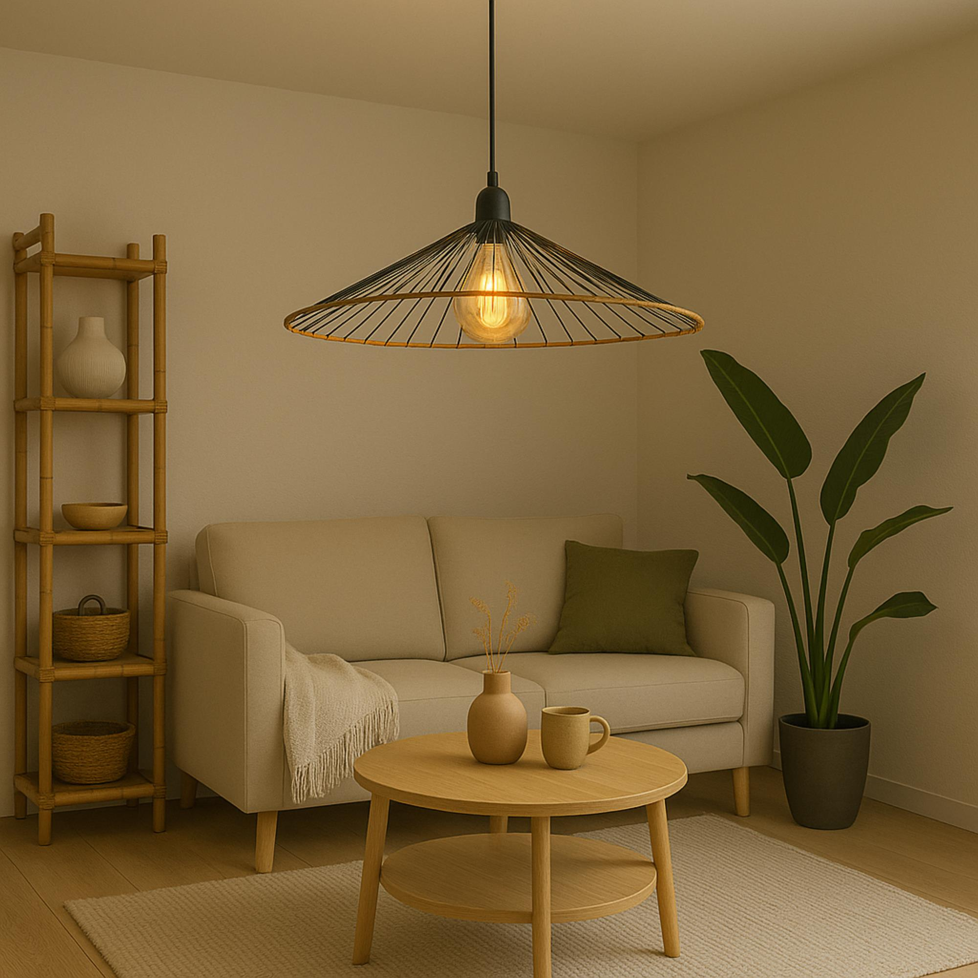 Escena de sala con lámpara colgante, sofá, mesa, planta y estanterías. Tonos neutros e iluminación cálida.