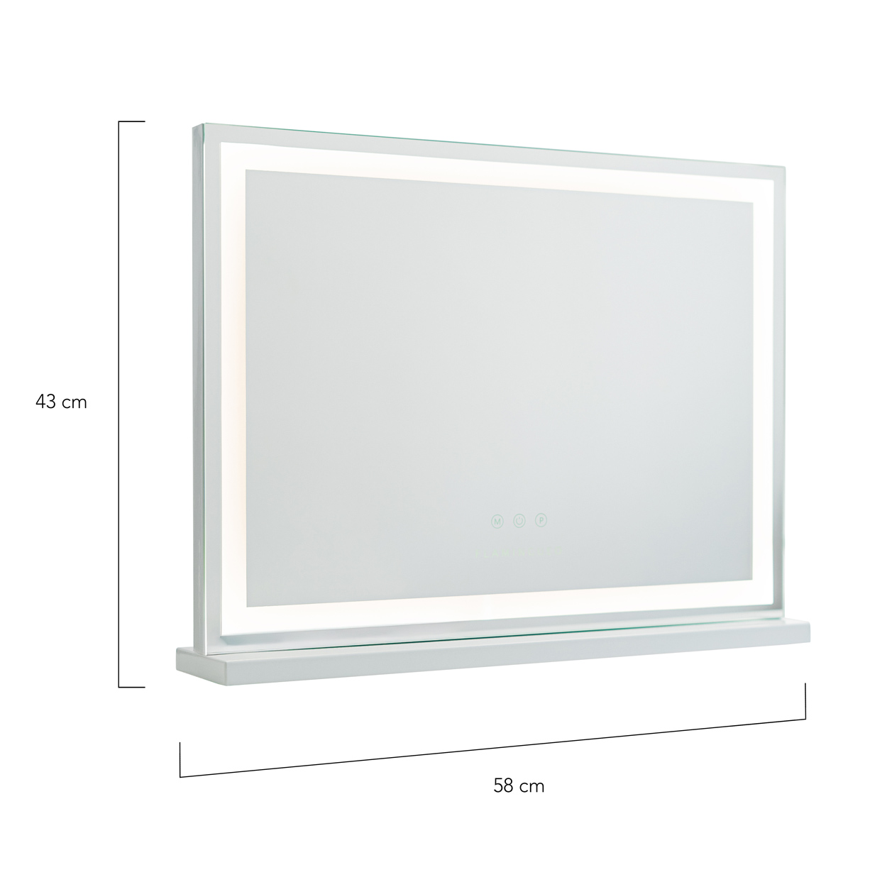 Un espejo rectangular blanco con luces integradas, dimensiones 43 cm de alto y 58 cm de ancho, con un pequeño estante.