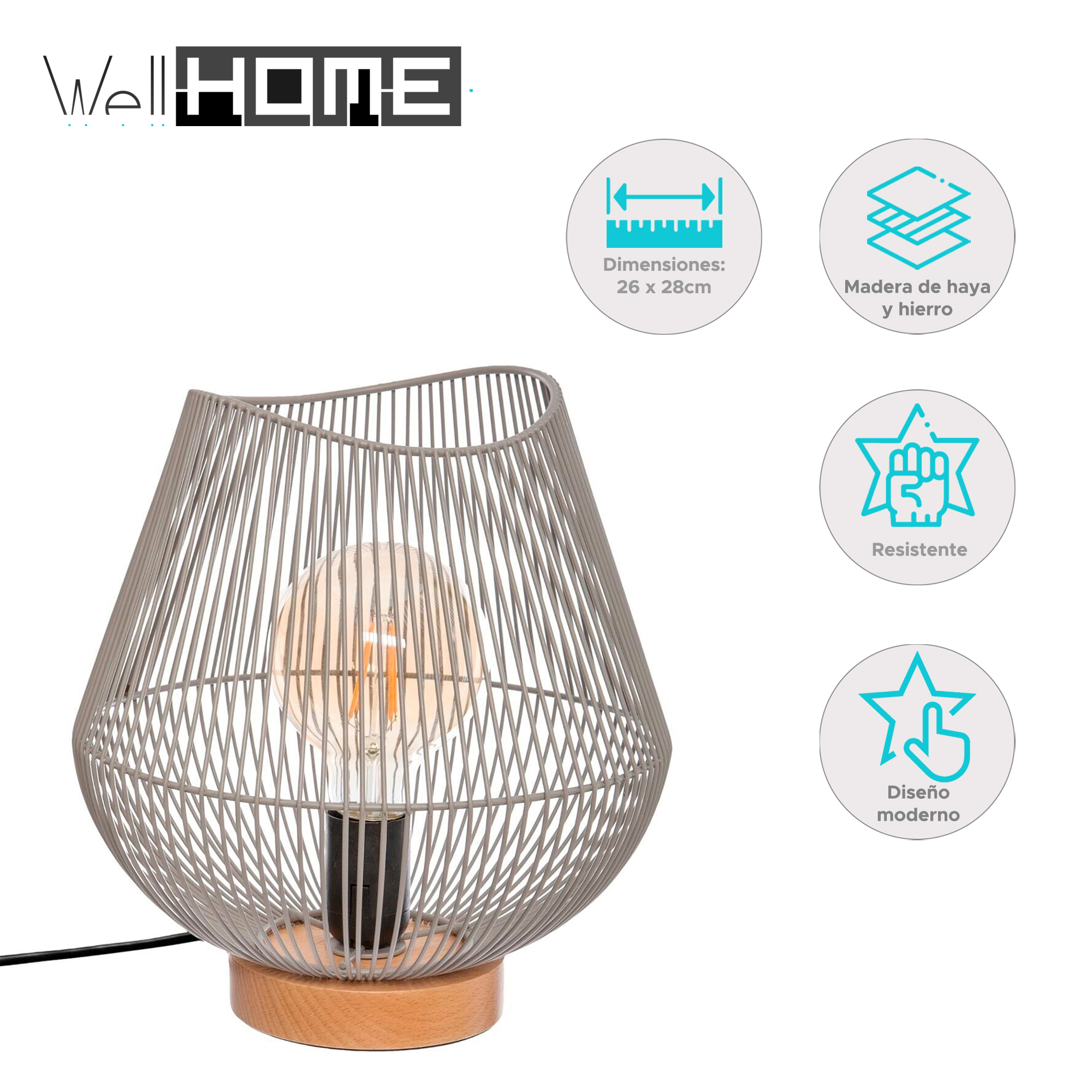 Una lámpara moderna con pantalla de jaula metálica, base de madera y bombilla visible. Los iconos indican dimensiones, madera y hierro.