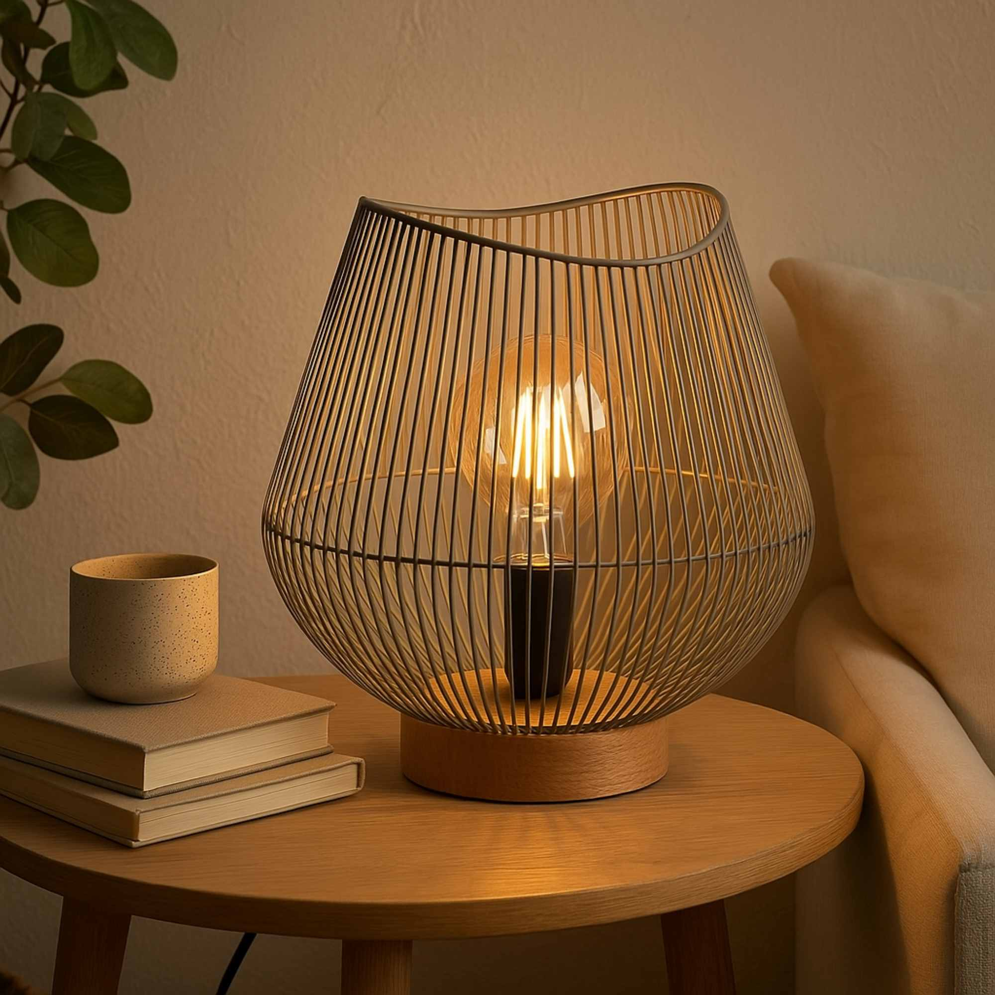 Una lámpara decorativa con jaula de alambre, bombilla encendida, sobre una mesa de madera con libros y una taza. Un sofá en el fondo.