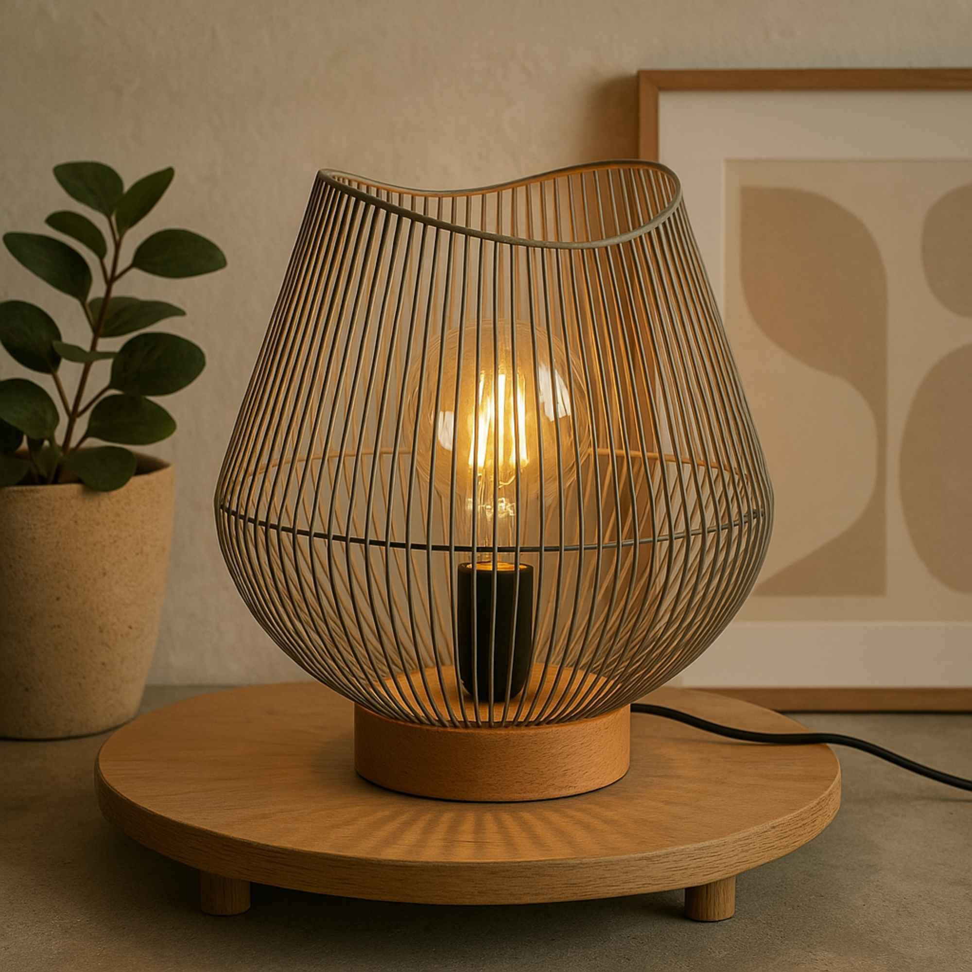 Una lámpara de jaula de metal con una bombilla brillante sobre una base de madera. Una planta a la izquierda. Un cuadro en el fondo.