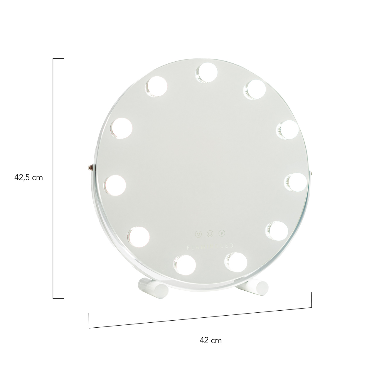 Un espejo redondo con 12 bombillas. Tiene dos patas blancas. Las dimensiones son 42,5 cm por 42 cm. La marca es visible.