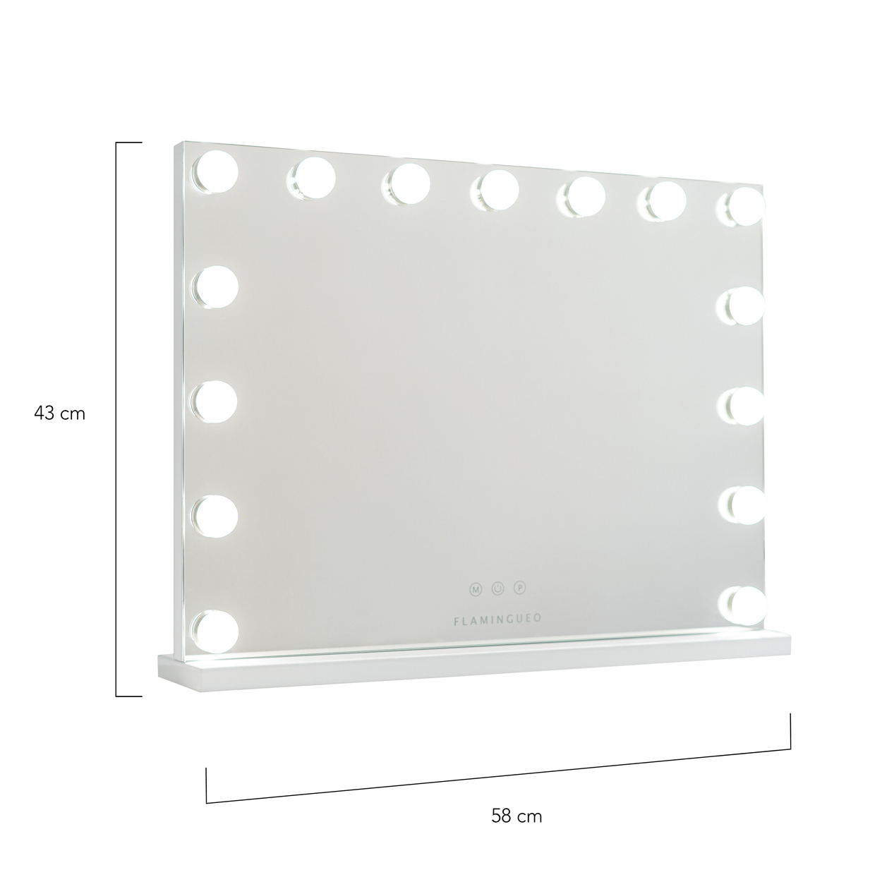 Un espejo de maquillaje rectangular iluminado. Tiene un marco blanco, una repisa y está rodeado de 14 luces circulares. Las dimensiones son 43 cm x 58 cm.