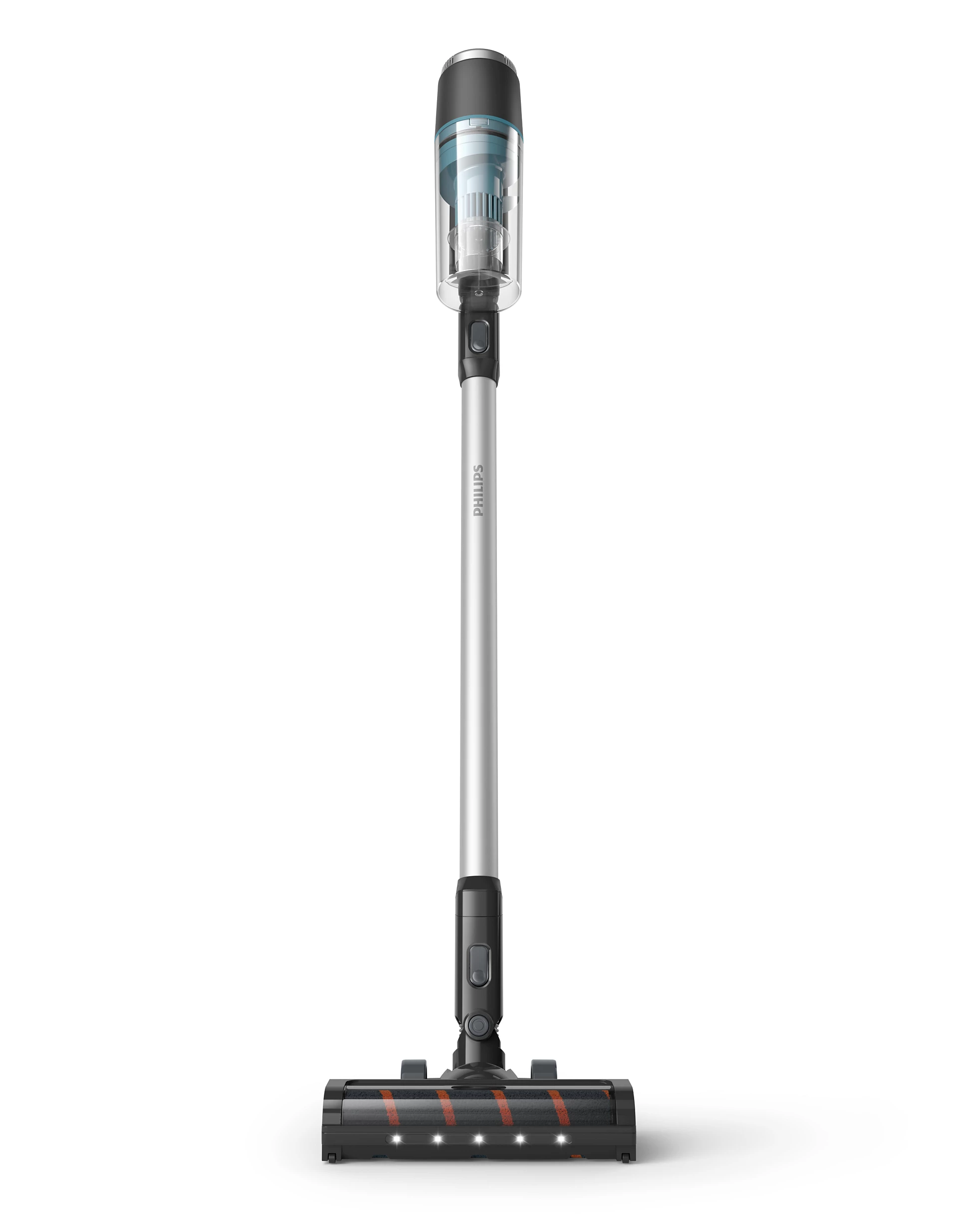 Un aspirapolvere senza fili Philips, nero e argento, in posizione verticale su sfondo bianco. Ha un serbatoio trasparente.