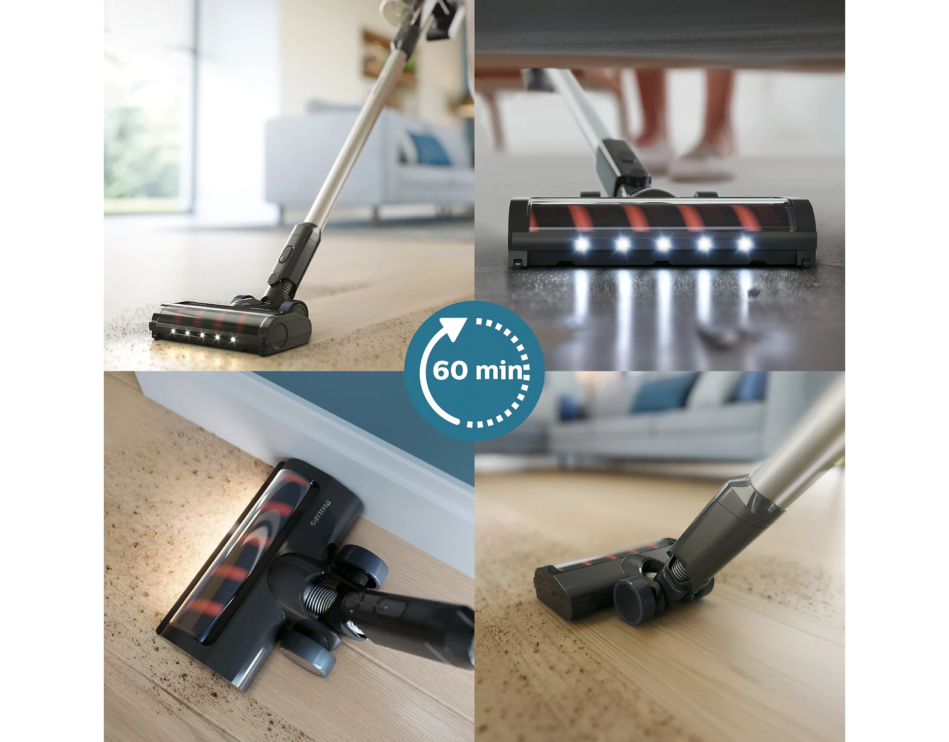 Un aspirapolvere senza fili è mostrato da più angolazioni, dimostrando il suo utilizzo su diverse superfici e in vari contesti. Ha luci a LED.