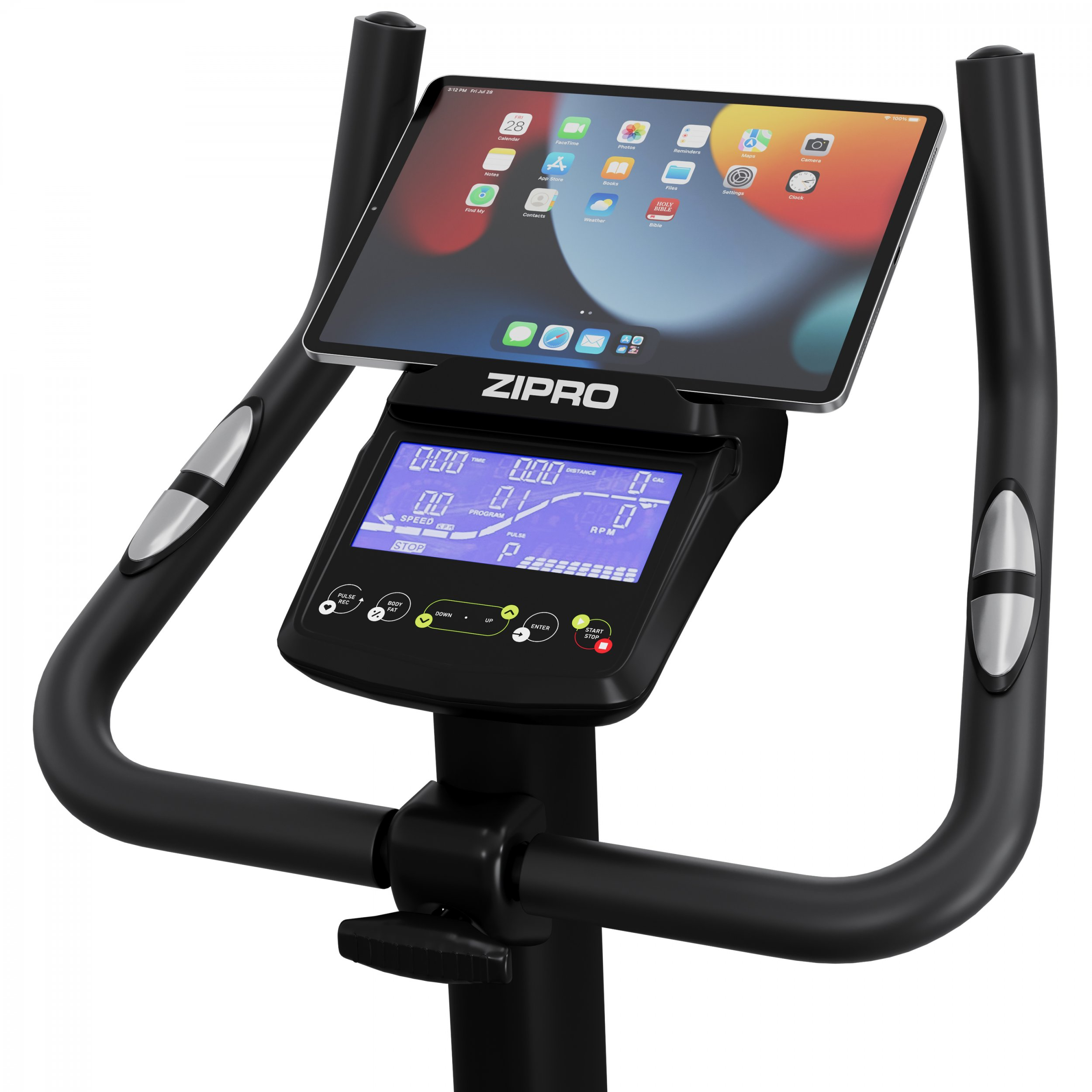 Bicicleta estática con tableta adjunta. Marco negro, pantalla digital y detalles plateados.