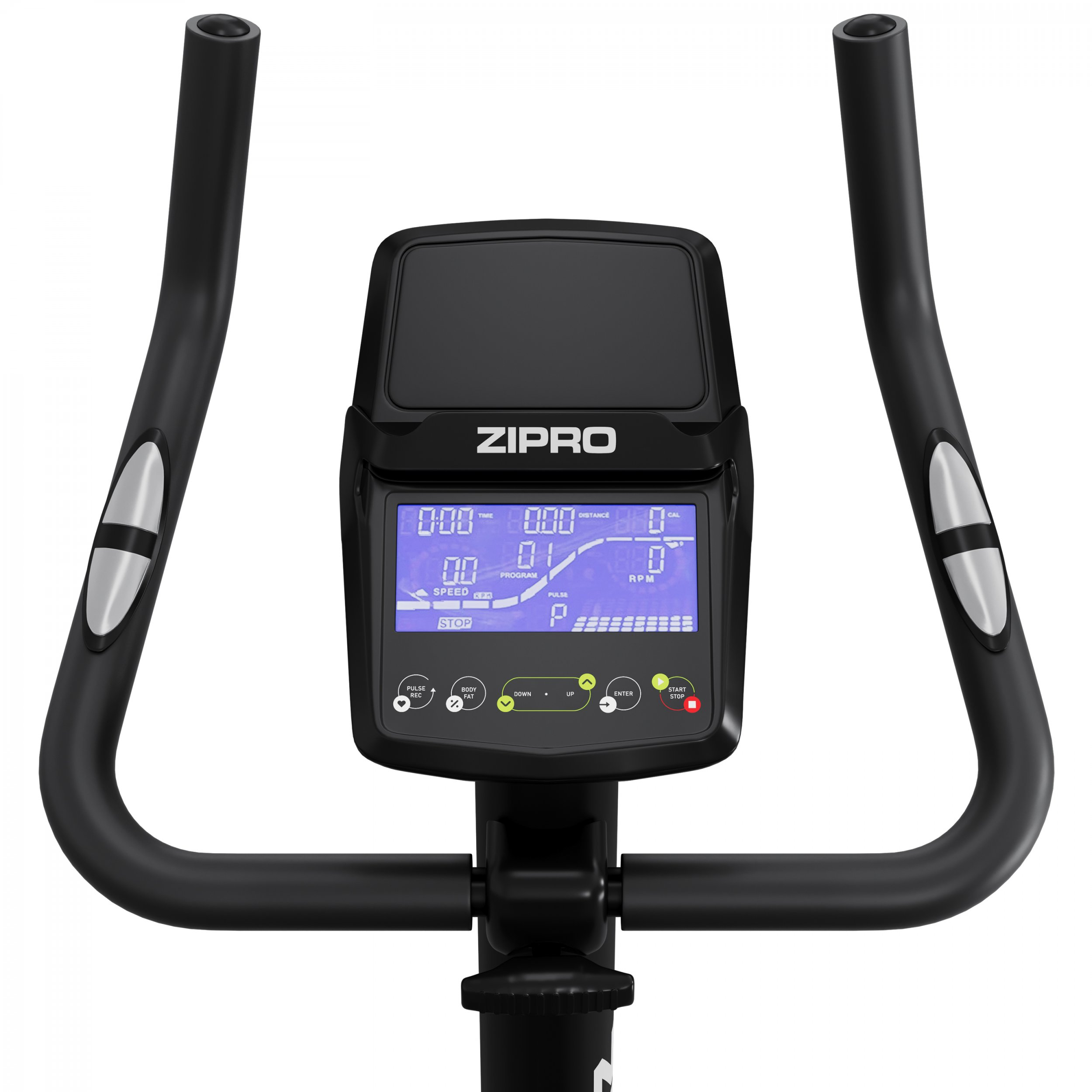 Una bicicleta estática negra con pantalla digital que muestra métricas. Se ven manijas y un panel de control.