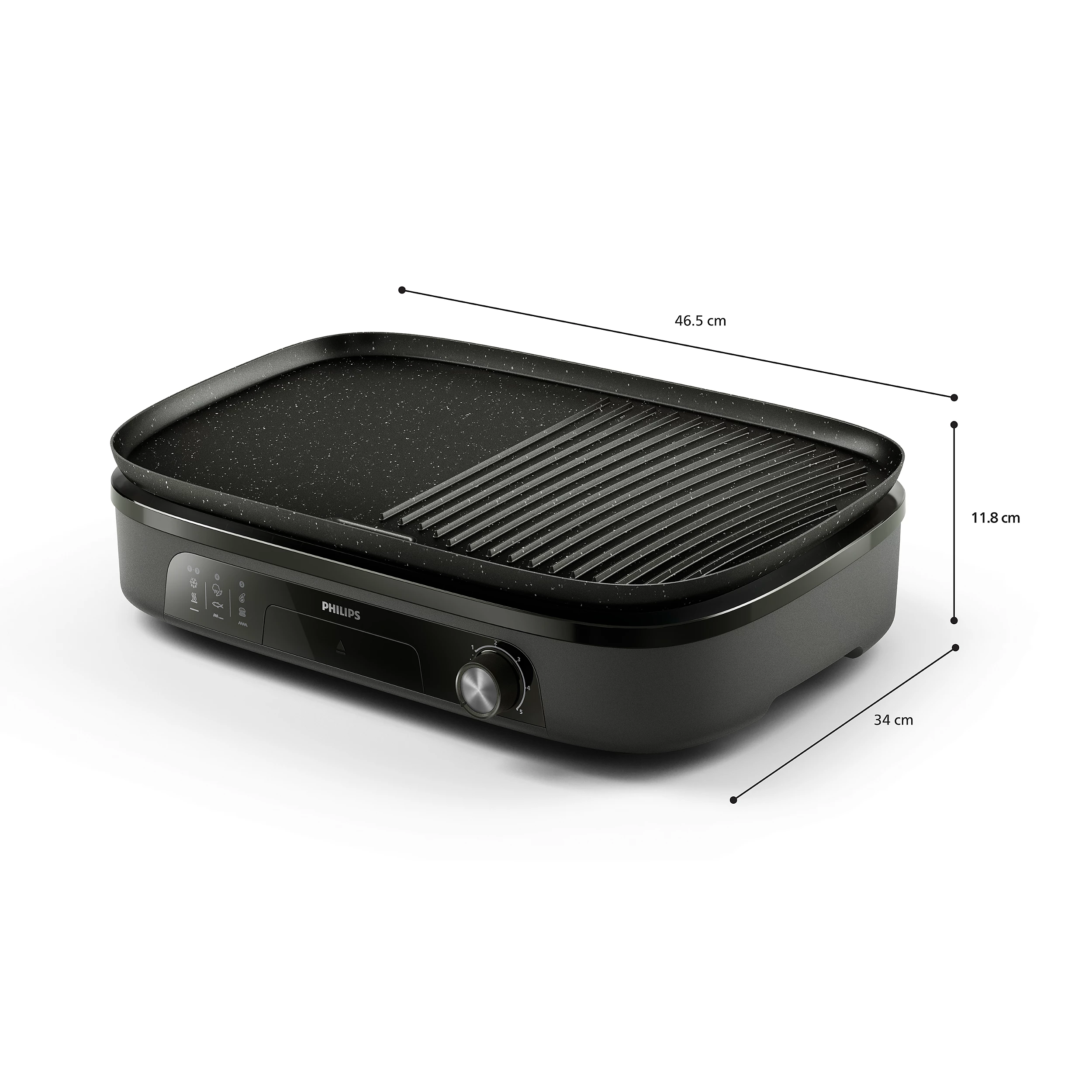 Schwarzer Philips-Indoor-Grill. Er hat eine flache und eine gerippte Kochfläche. Abmessungen sind angegeben.