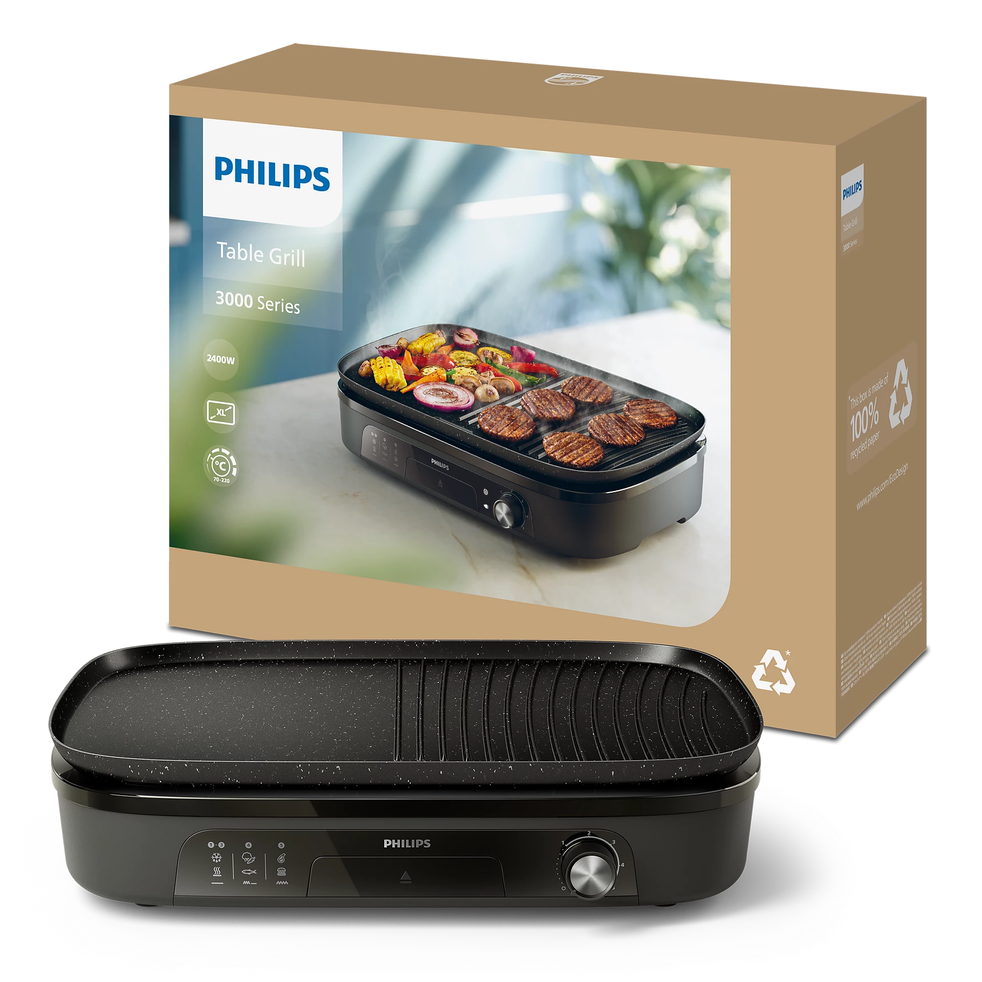 Ein Philips-Tischgrill mit Essen darauf. Dahinter steht die Box. Der Grill hat eine schwarze Oberfläche und ein Bedienfeld.