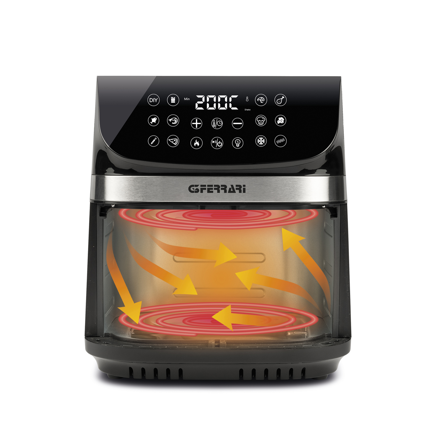 Freidora de aire negra con pantalla digital. Elementos calefactores rojos con flechas naranjas. Detalles acero inoxidable con marca.