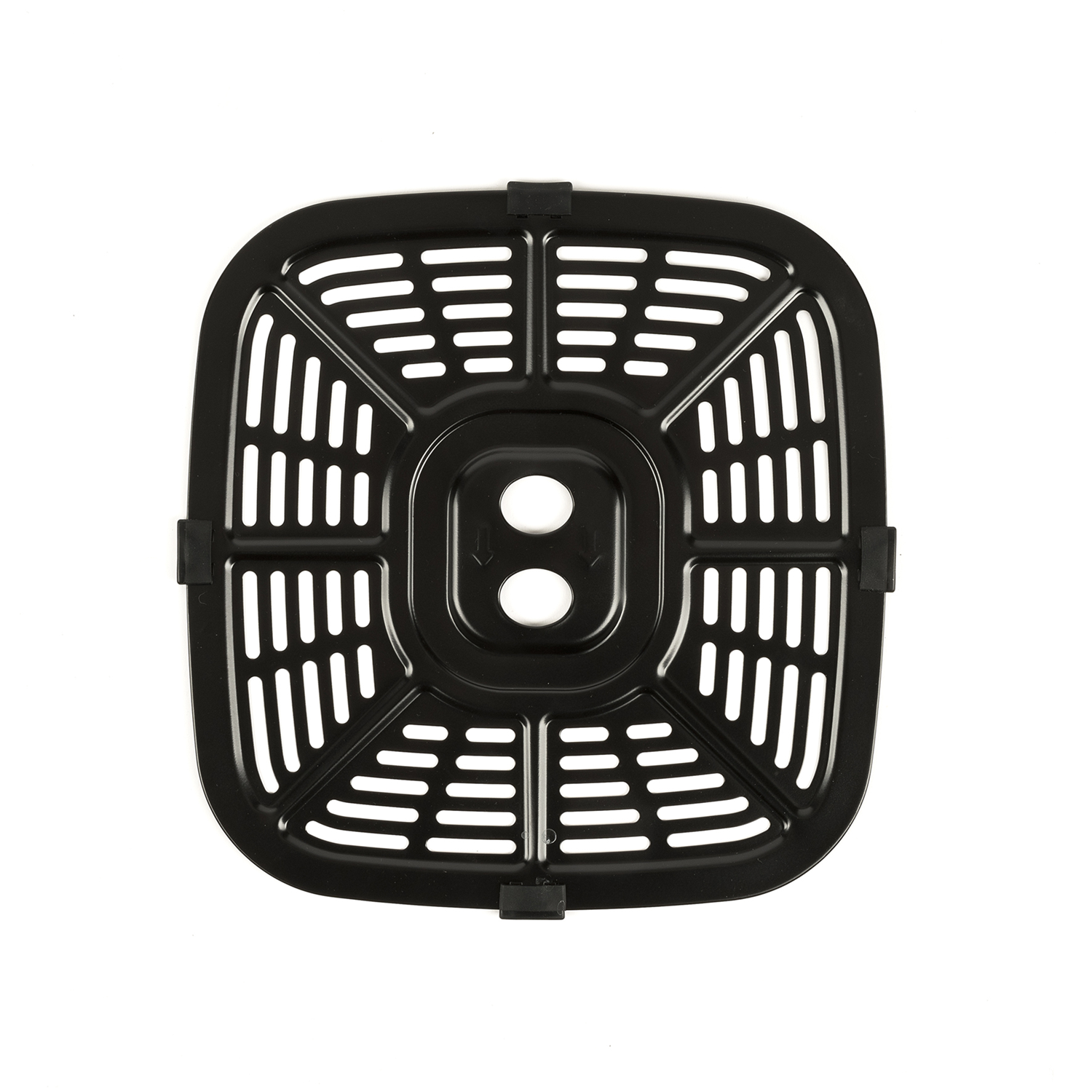 Una cesta negra para freidora de aire con forma rectangular y muchos agujeros. Tiene una sección central con dos agujeros y fondo blanco.