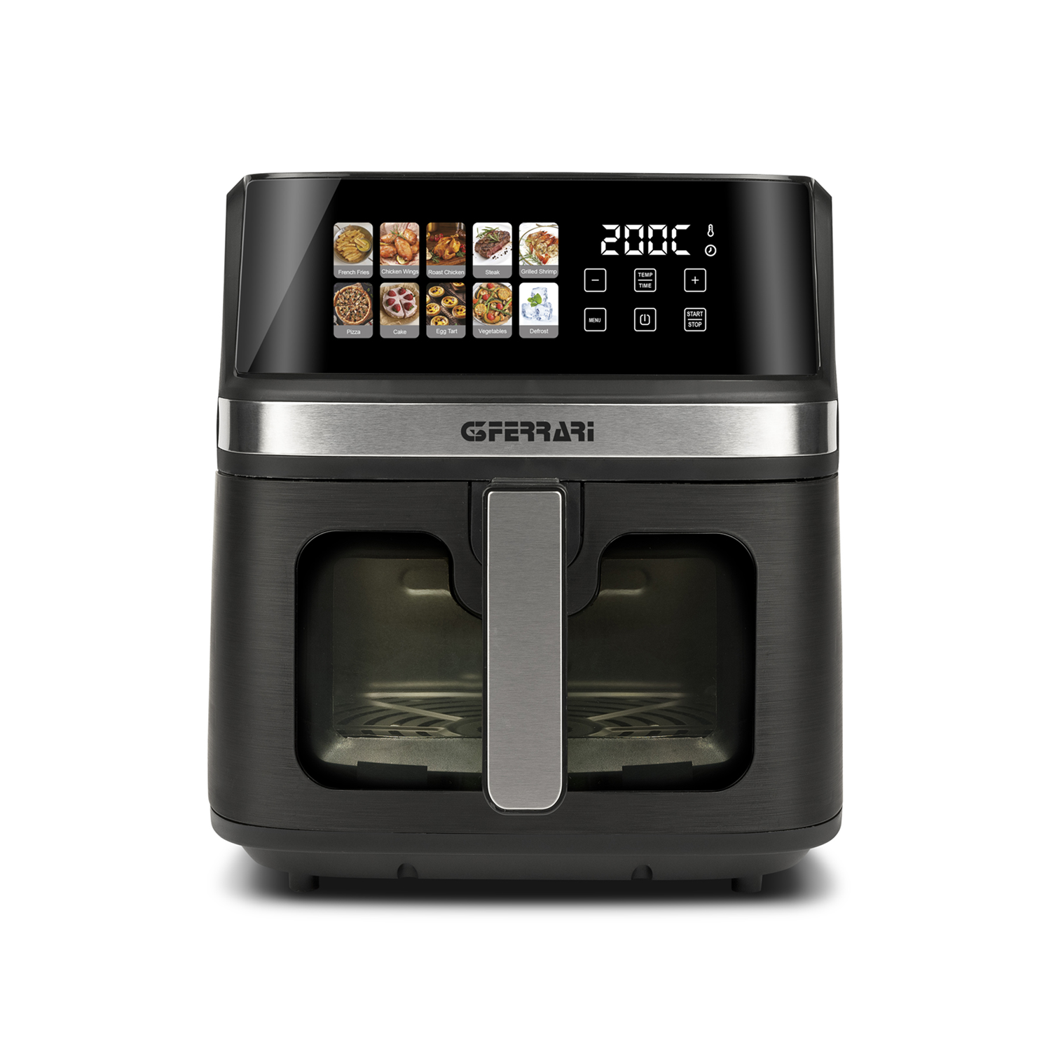 Una freidora de aire negra con pantalla digital que muestra 200°C. Tiene opciones preestablecidas para varios alimentos y la marca 'GFERRARI'.