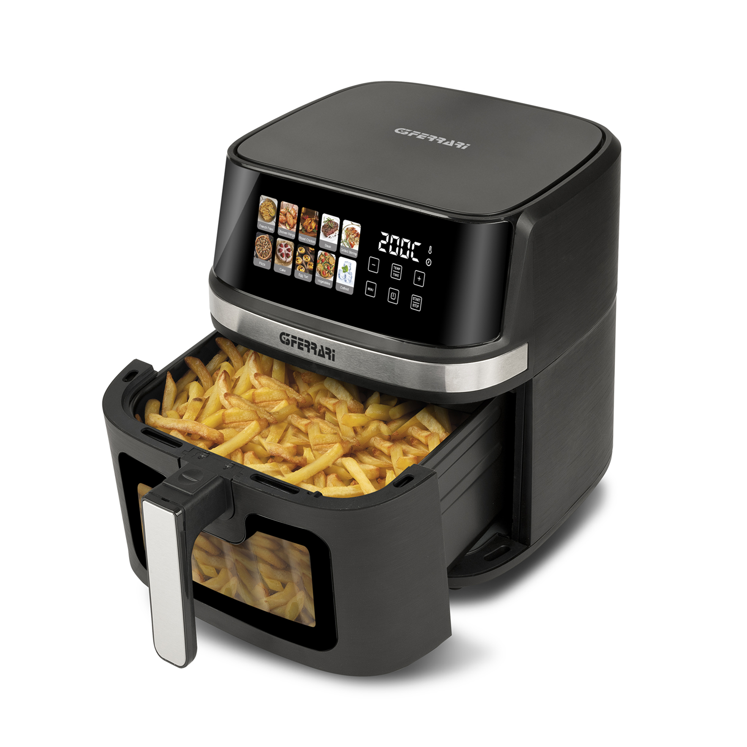 Una freidora de aire negra con un cajón lleno de papas fritas. La pantalla muestra la configuración. La marca es GFERRARI.