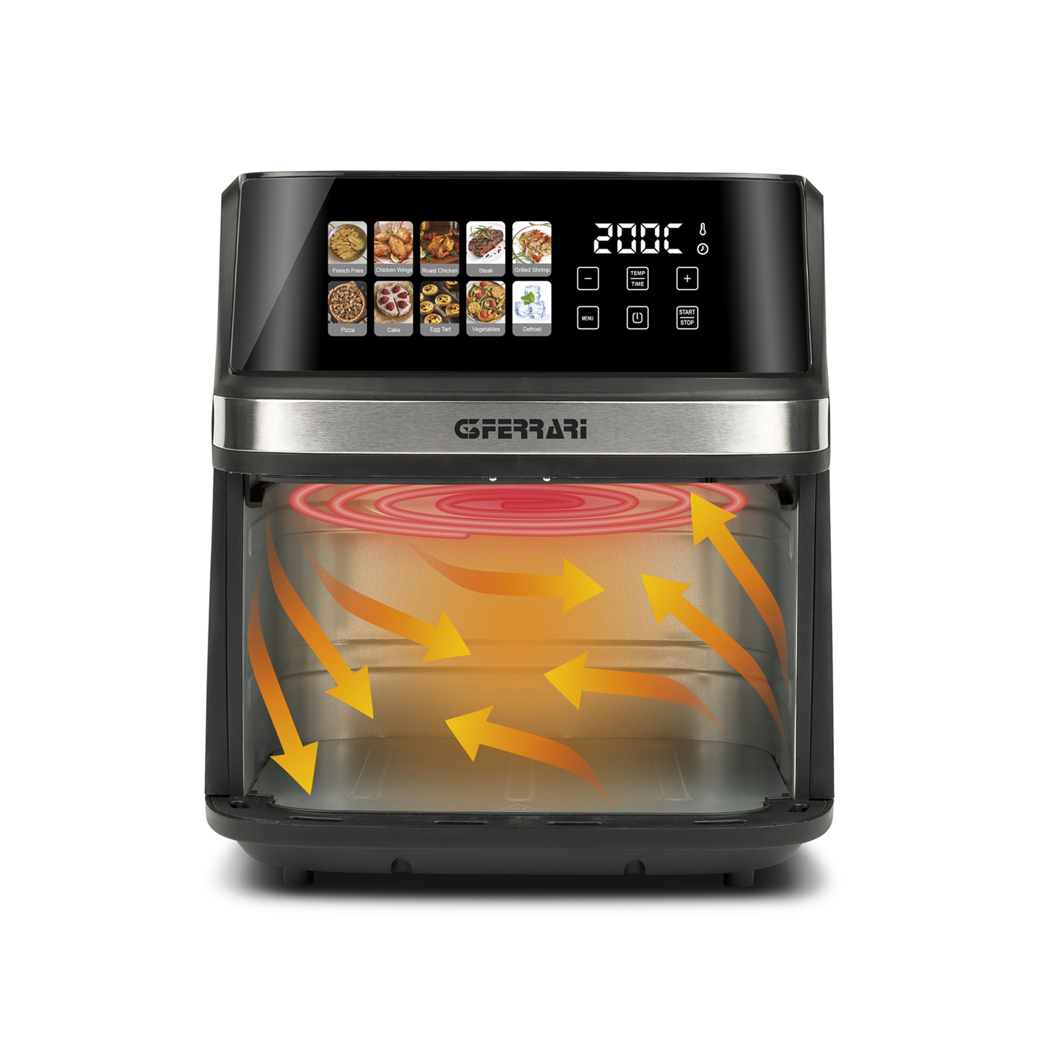 Una freidora de aire con pantalla digital que muestra 200°C. Tiene opciones de menú preestablecidas para varios alimentos e ilustración de circulación de aire caliente.