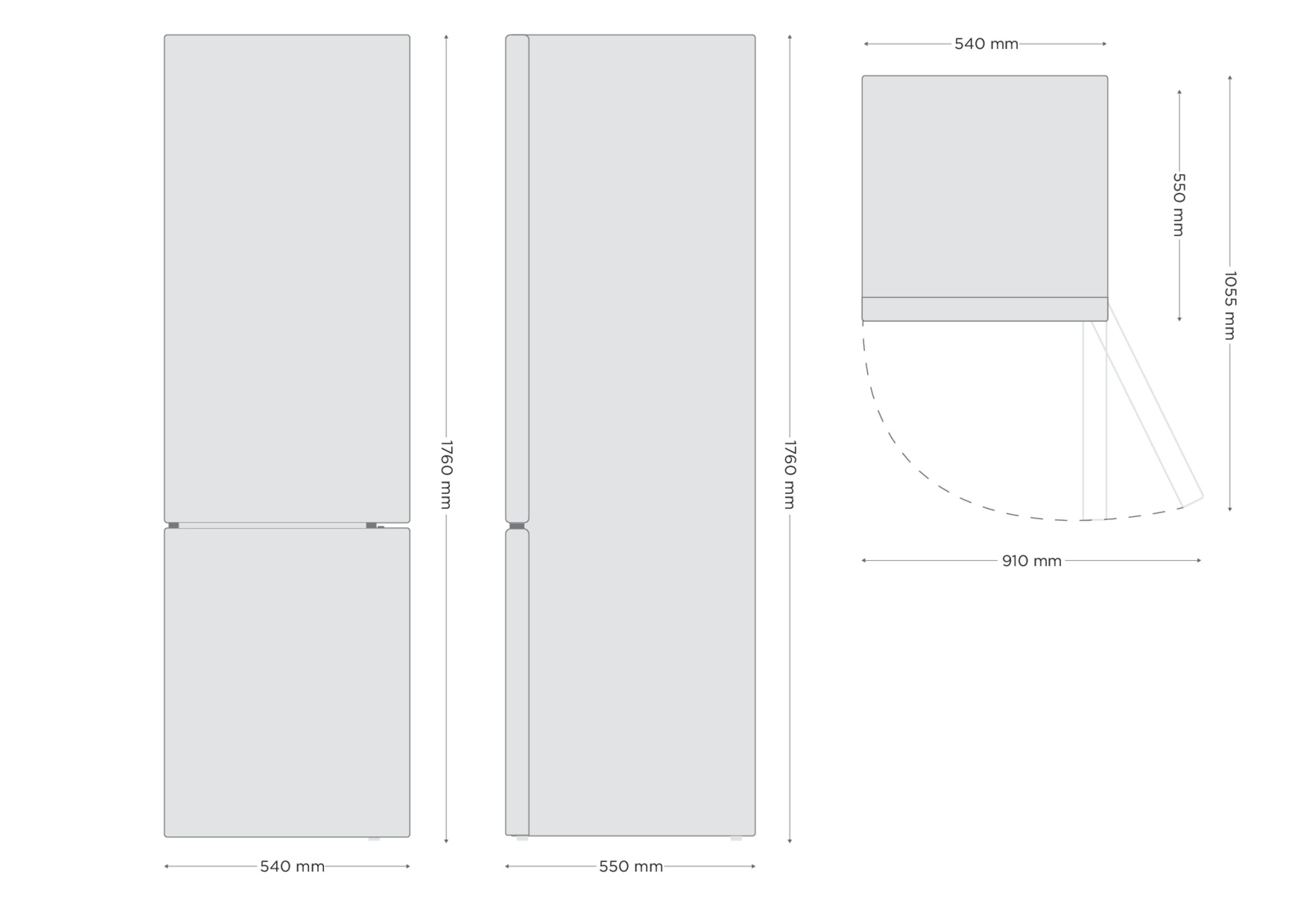 Diagramm eines Kühlschranks mit Vorder-, Seitenansicht und Abmessungen in mm. Inklusive Türschwingungsdiagramm.