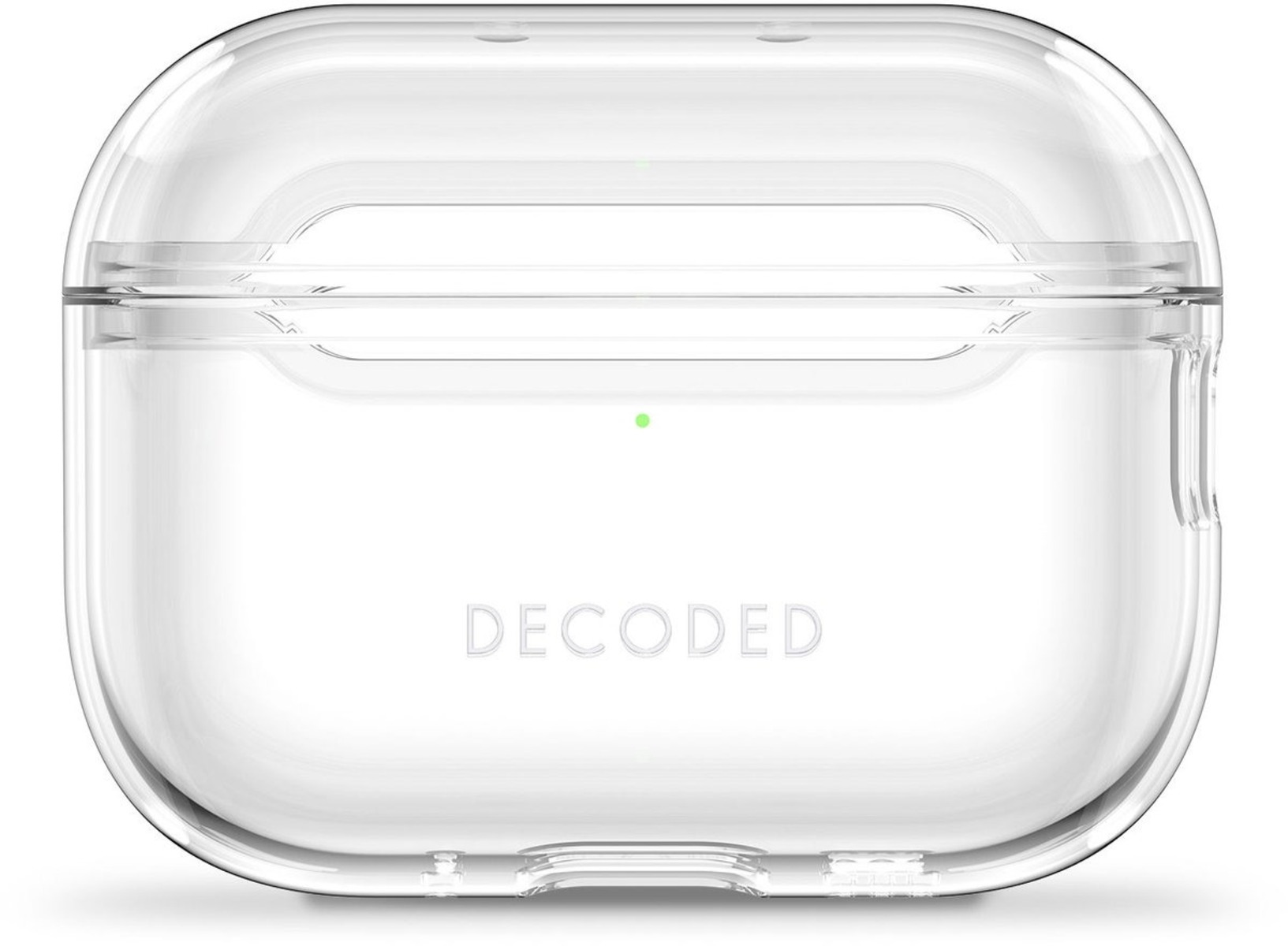 Clear AirPods case with rounded edges. The word 'DECODED' is embossed on the front. A small green dot is visible.