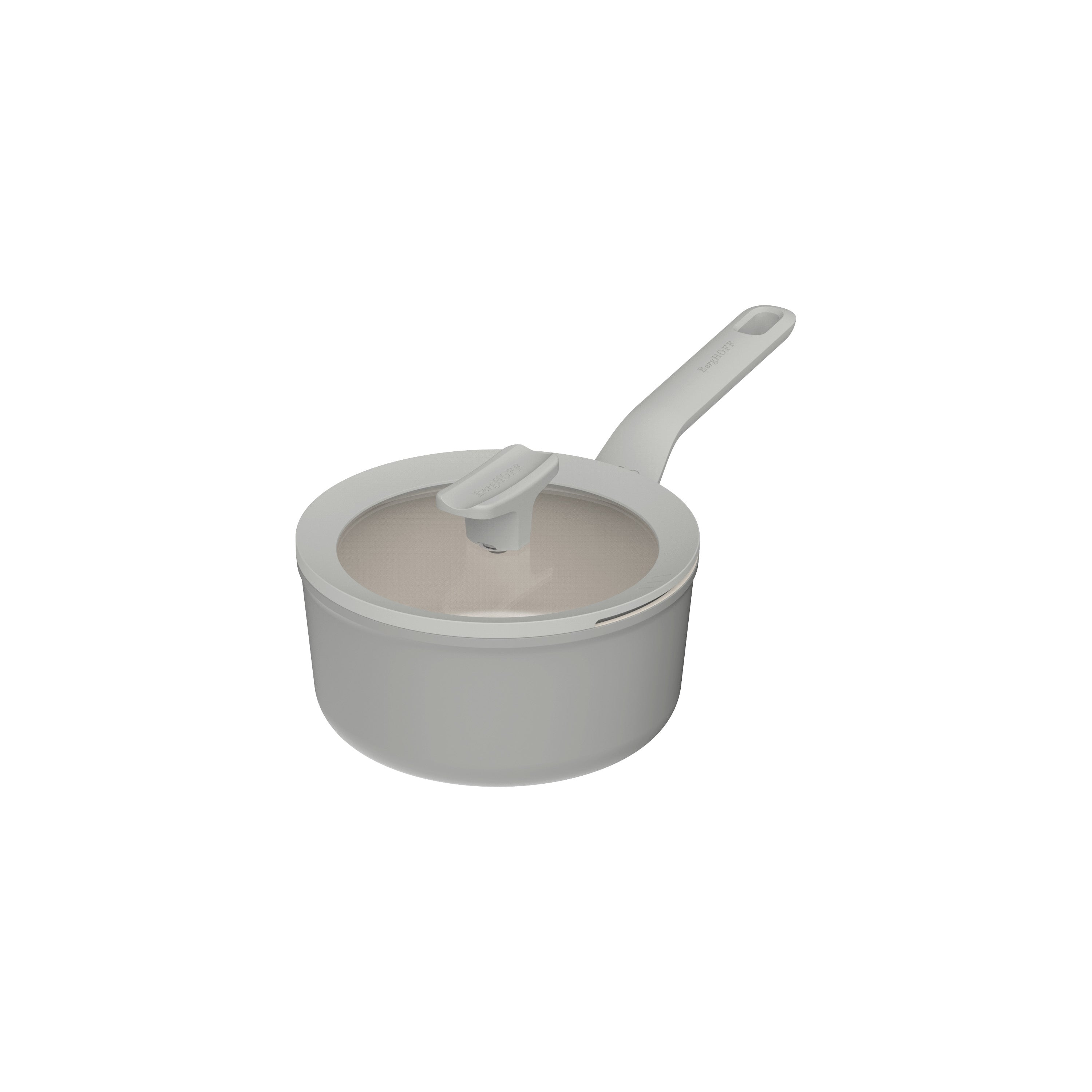 A gray saucepan with a lid and handle, set against a white background. The lid has a handle.