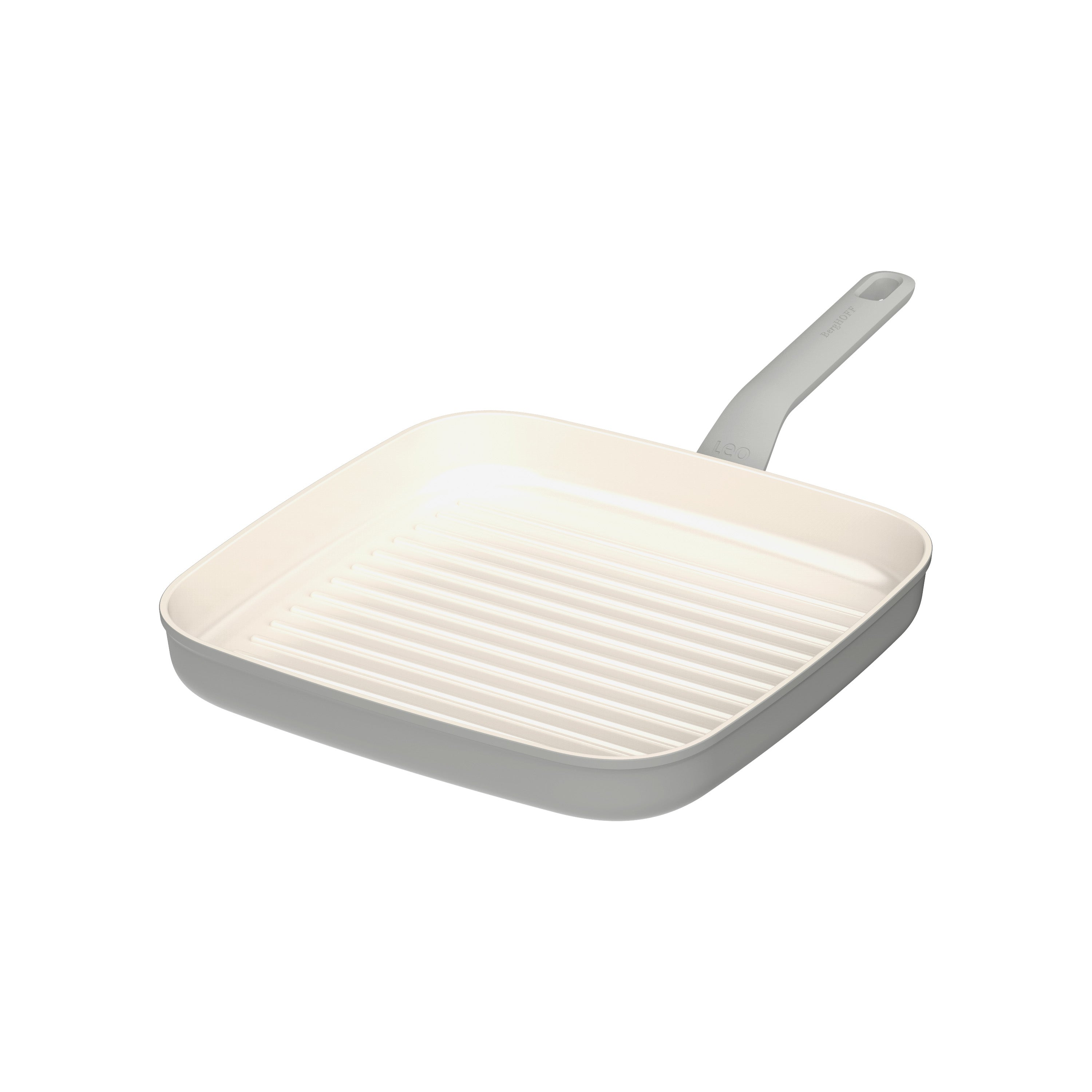 A square grill pan with a handle. It is light gray and white, against a white background.