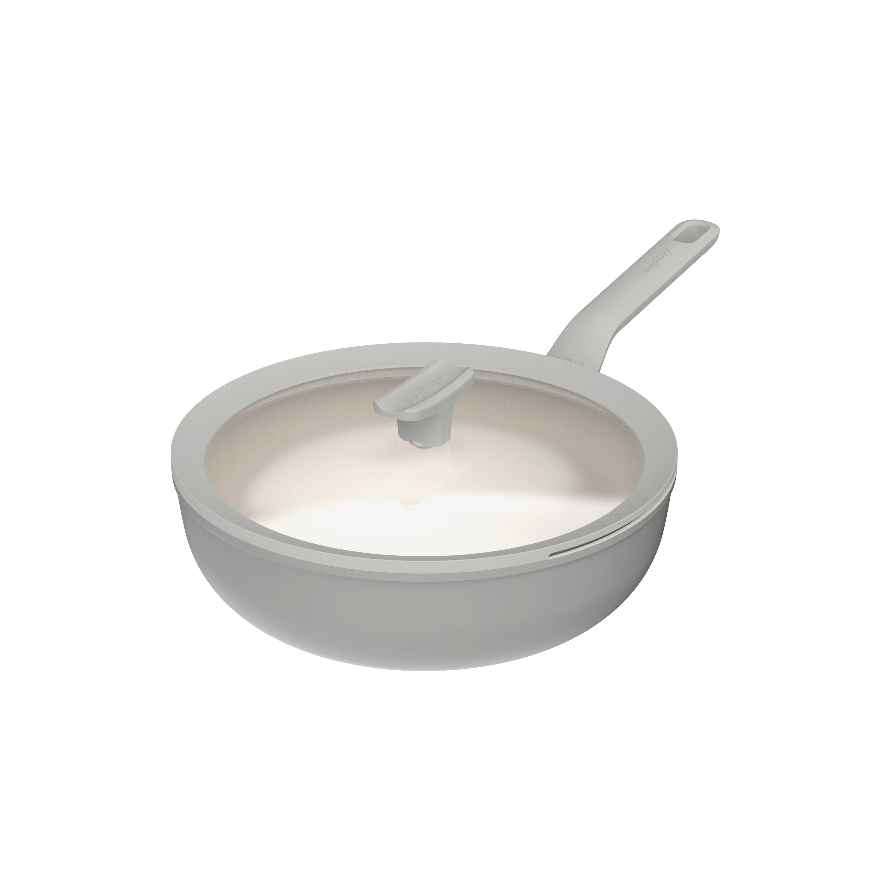 A grey frying pan with a lid is on a white background. The pan has a handle and is transparent.