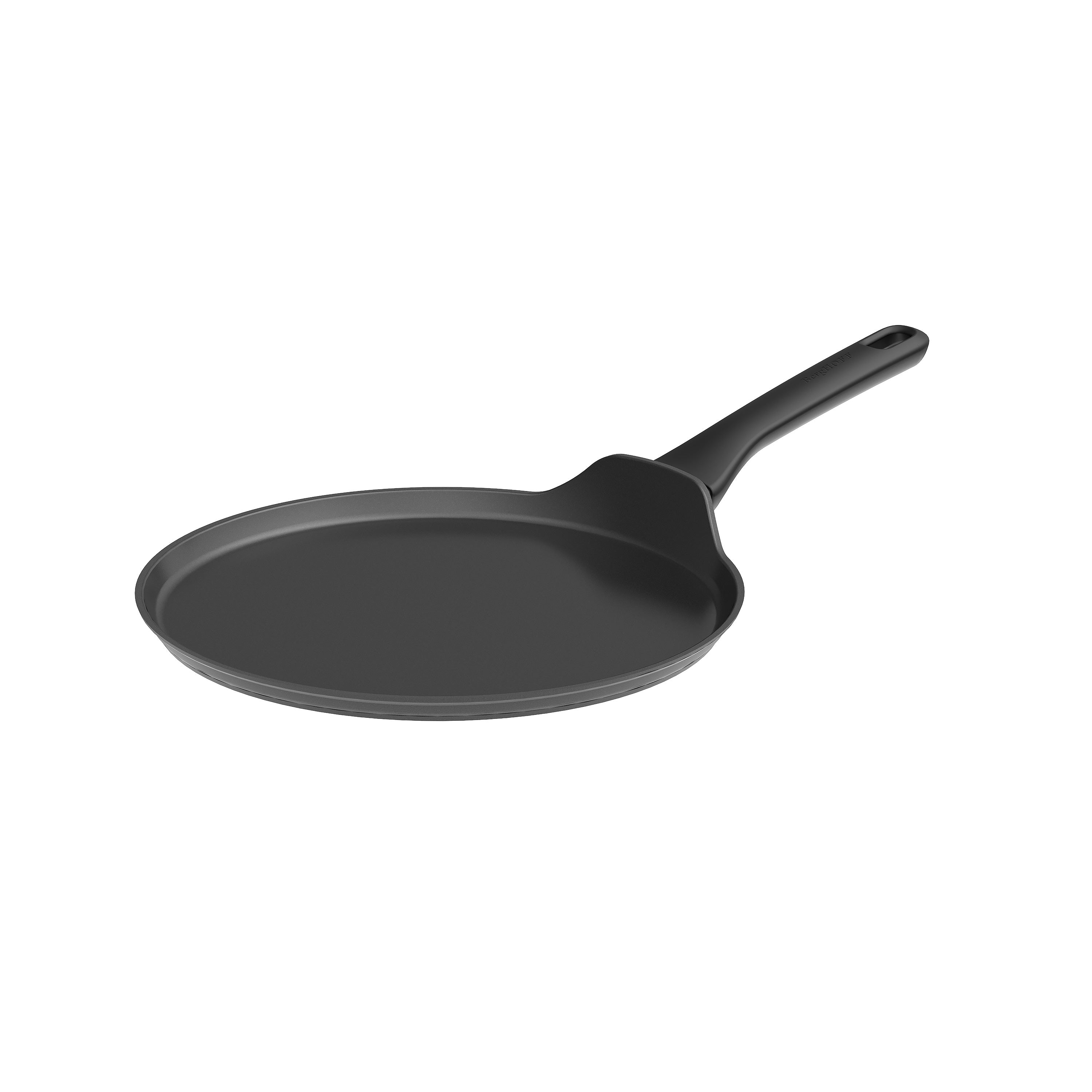 A black crepe pan with a long handle is on a white background. The pan is round and angled.