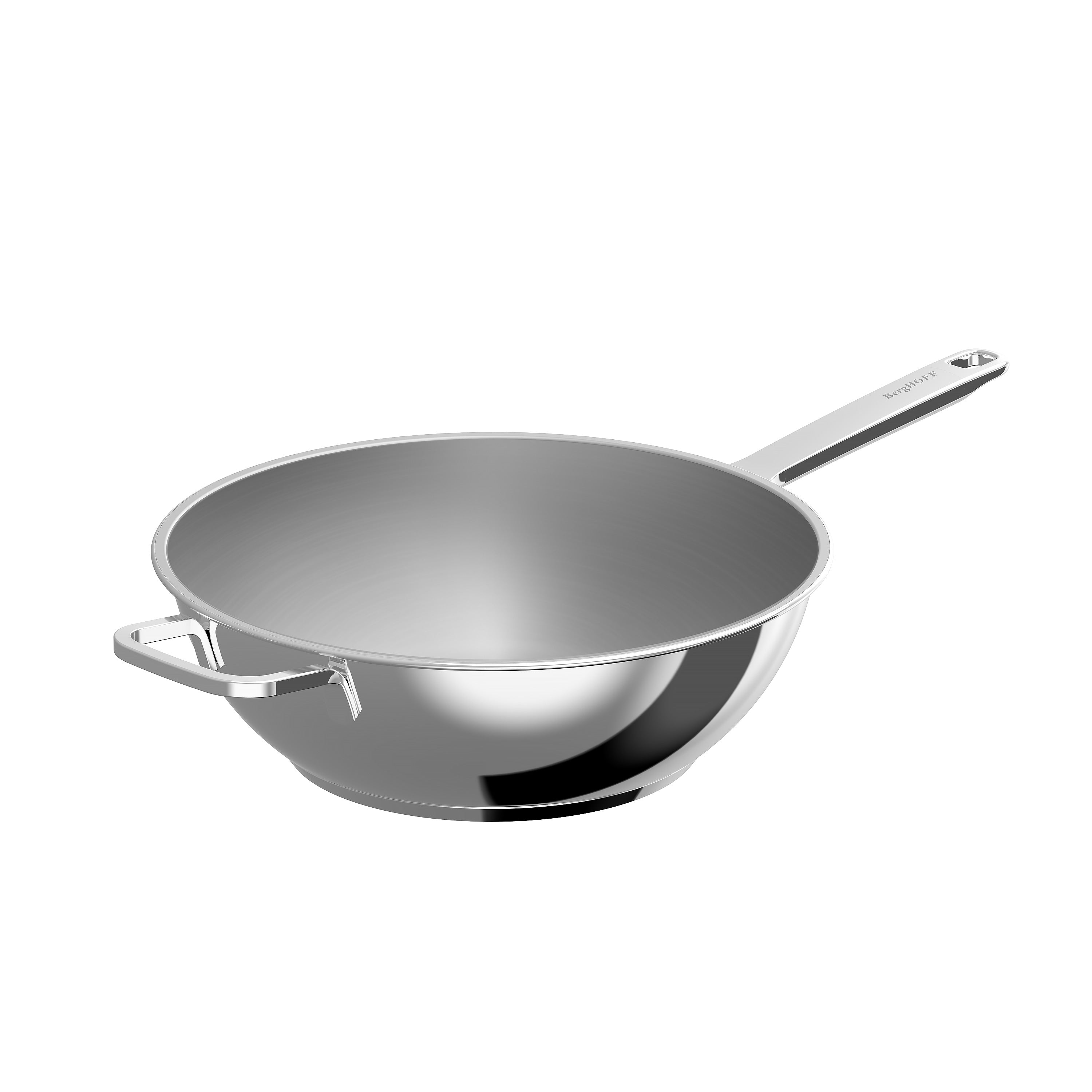 Een glanzende, zilveren wokpan met een lange handgreep en een kleine handgreep aan de zijkant, geïsoleerd.